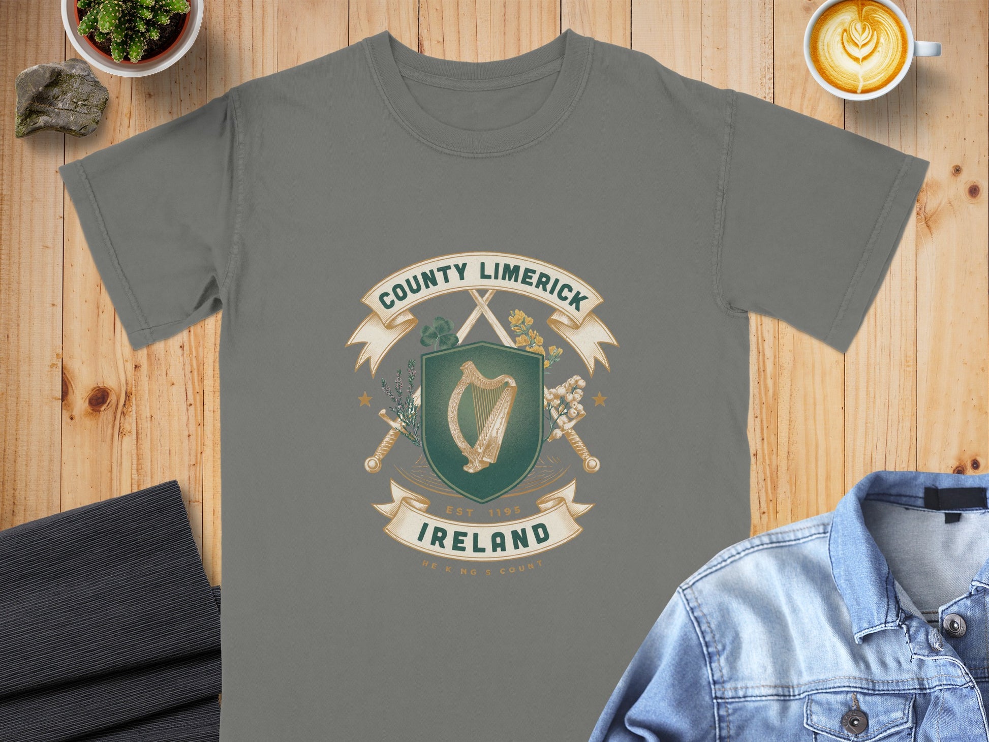 Grey t-shirt with County Limerick Ireland crest, harp, and crossed swords design.
