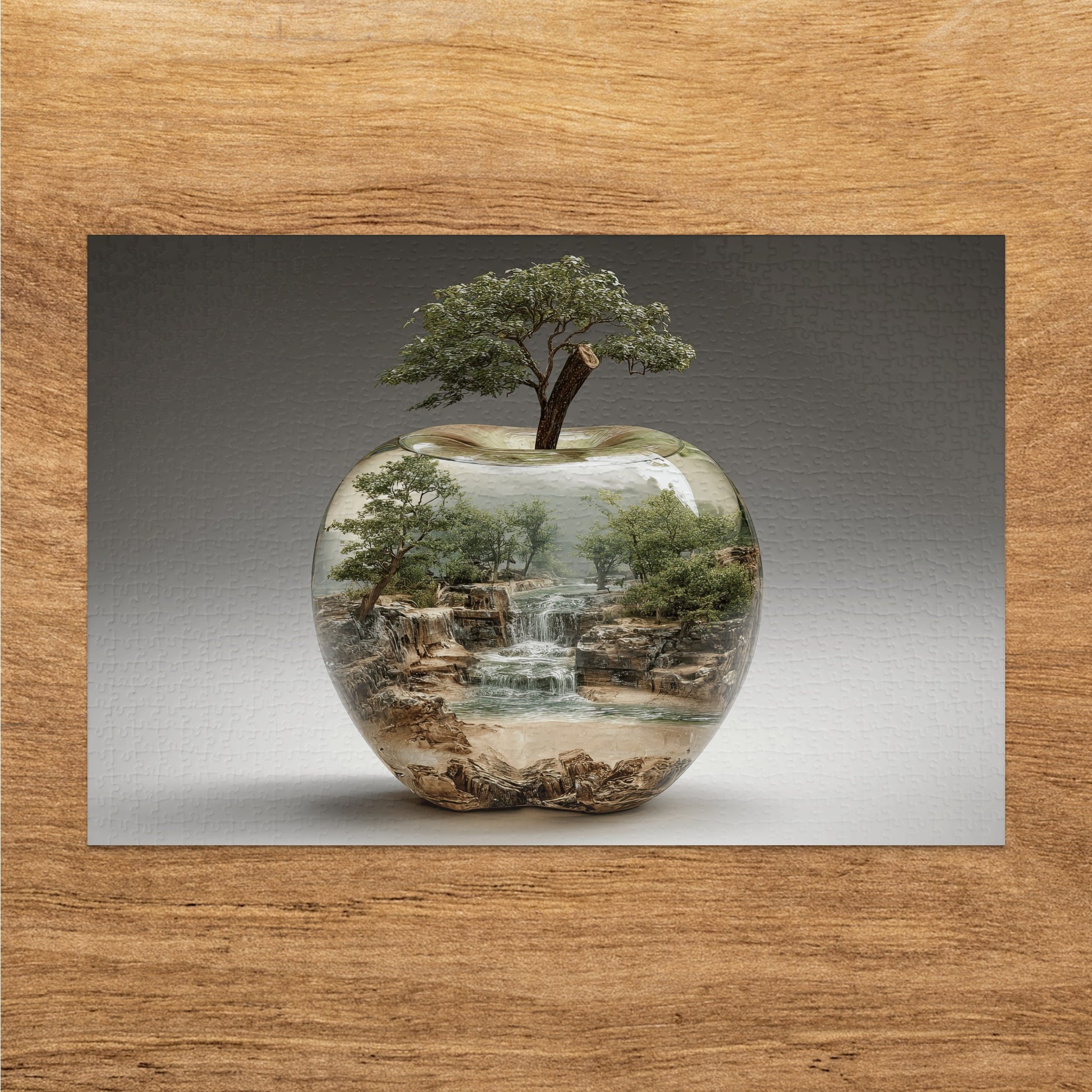 Glass apple containing a miniature forest scene with waterfalls and trees.