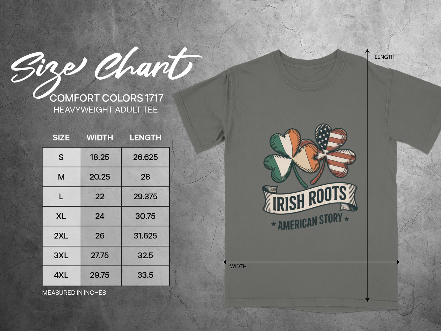 Comfort Colors 1717 heavyweight adult tee size chart with shamrock graphic.