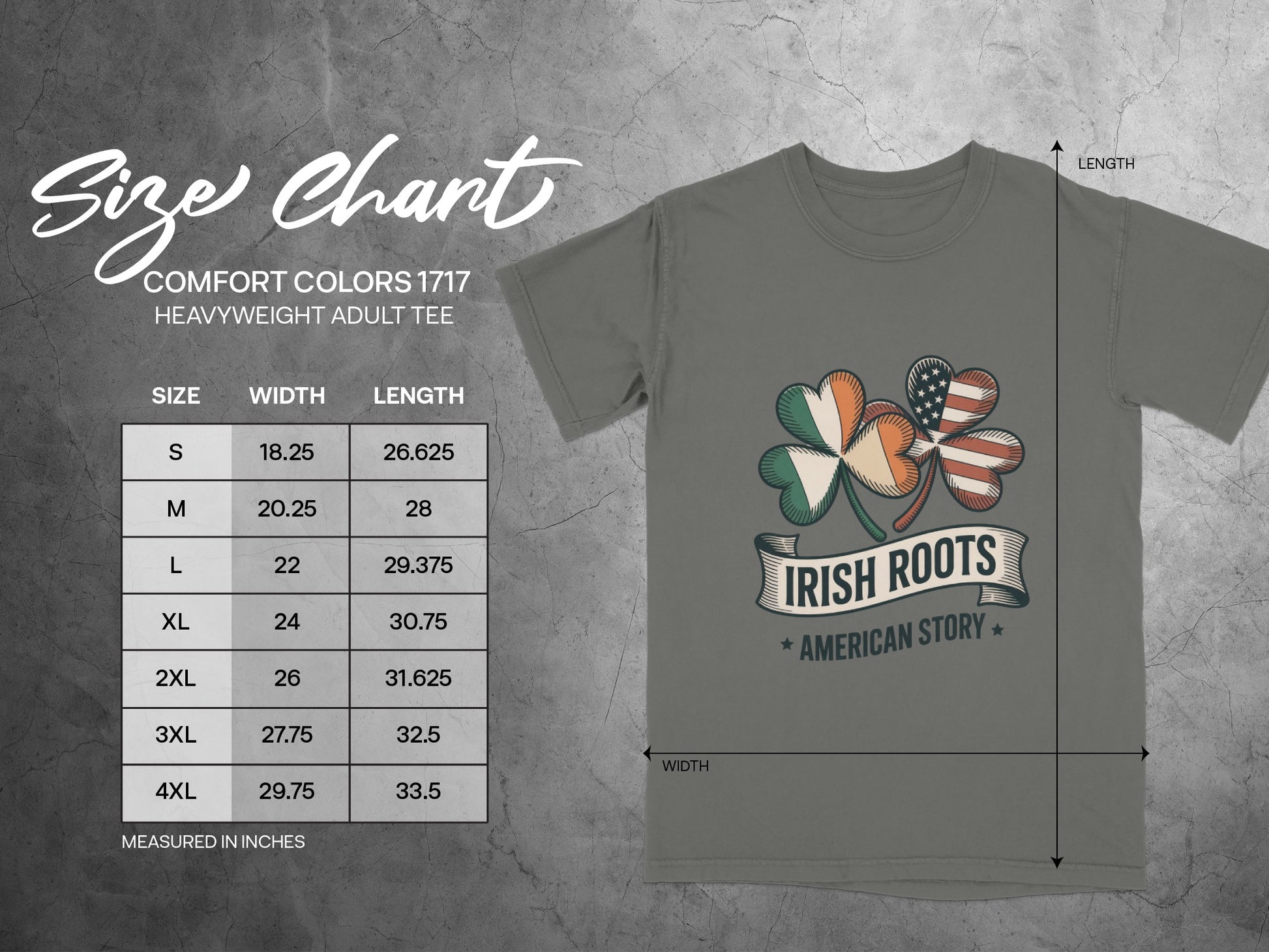 Comfort Colors 1717 heavyweight adult tee size chart with shamrock graphic.