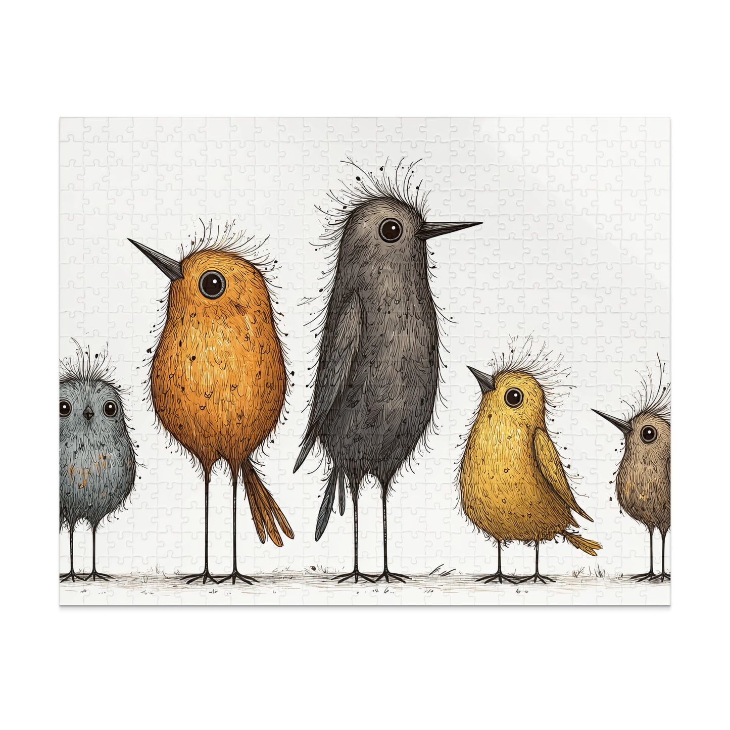 Five cartoon birds with fluffy hair stand in a line.