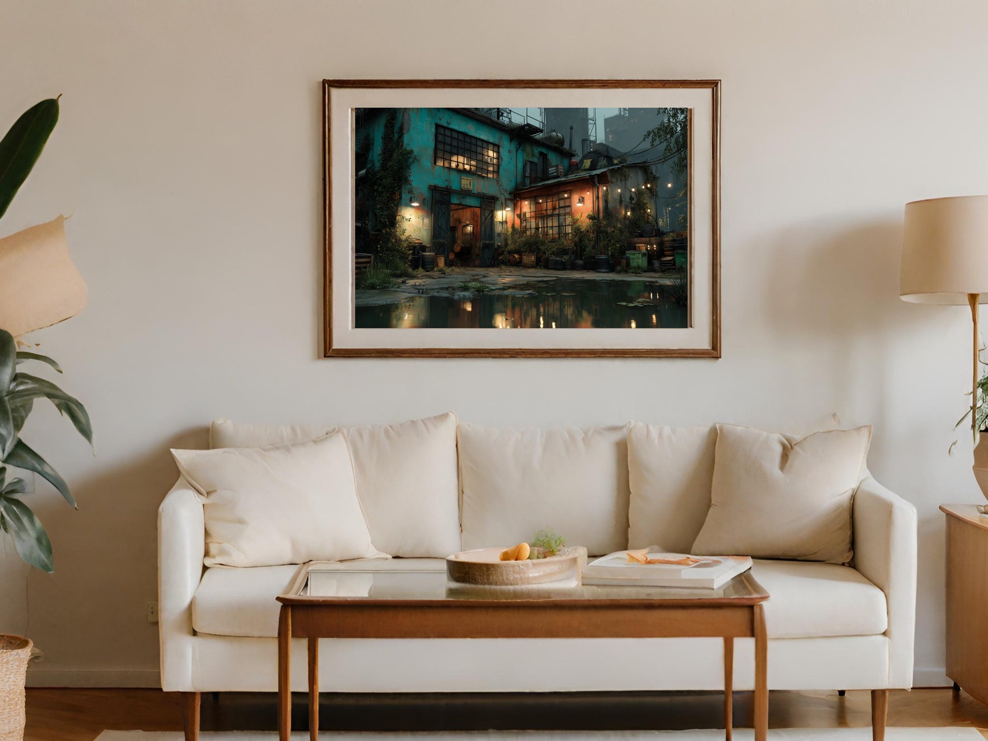 Framed artwork depicting a glowing building at dusk, reflected in water.