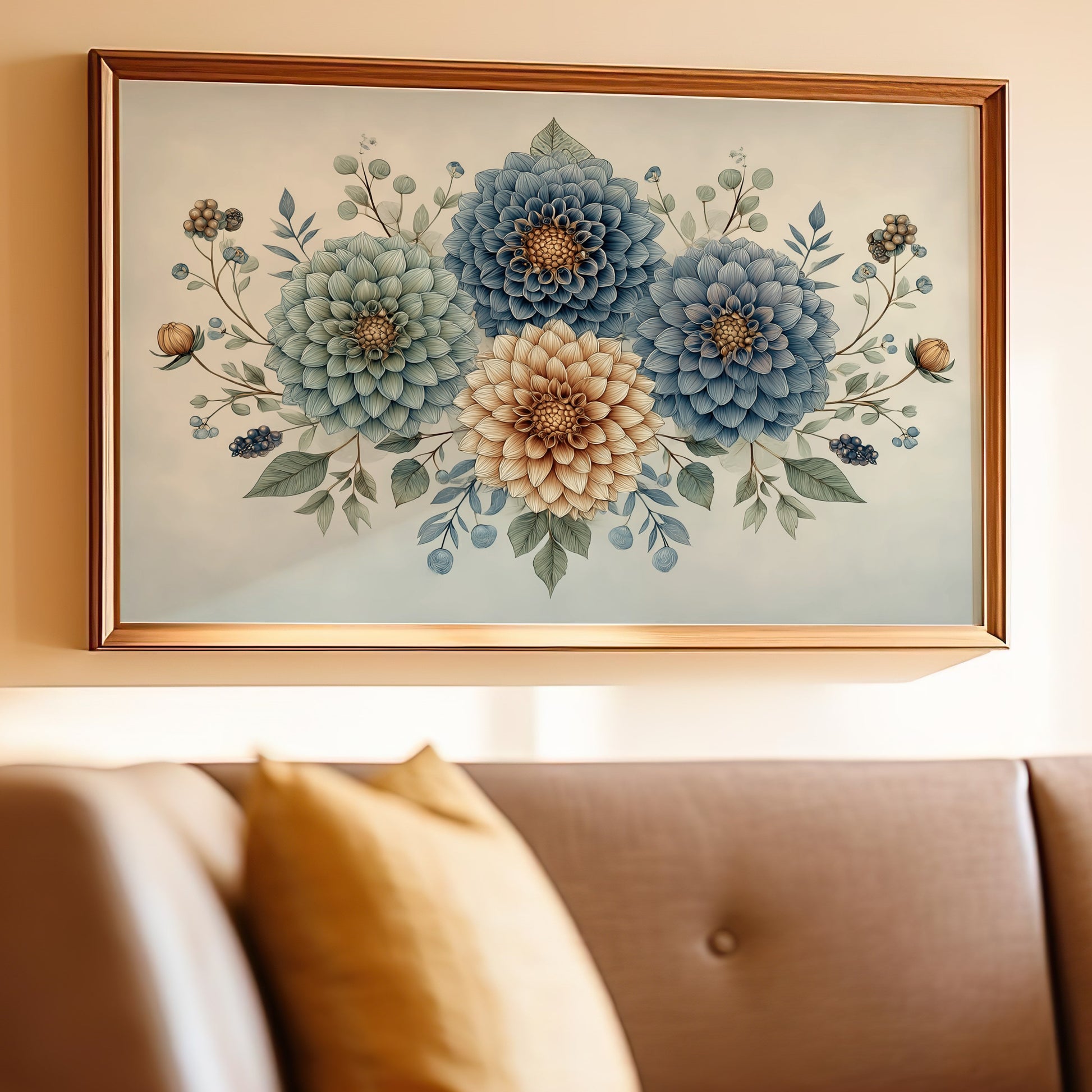 Elegant Floral Wall Art with Blue and Beige Blooms