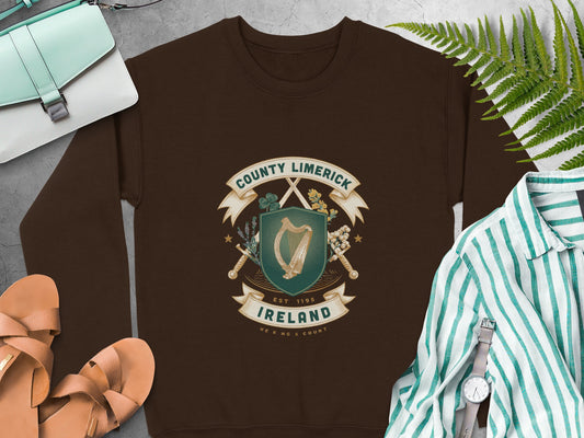 County Limerick Ireland crest and harp design on Dark Chocolate sweatshirt