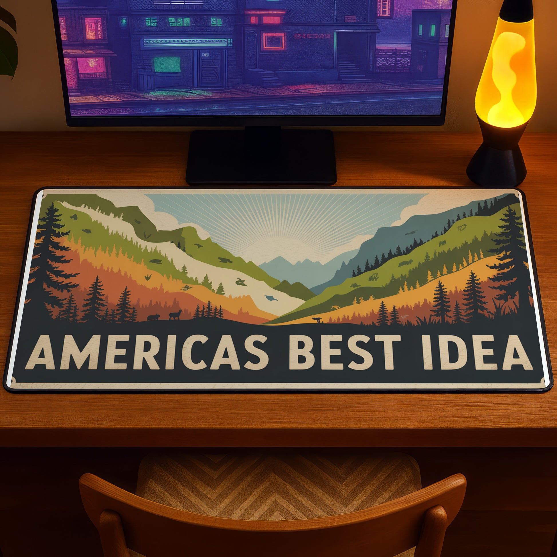 Desk mat with retro mountain landscape and text "AMERICAS BEST IDEA".