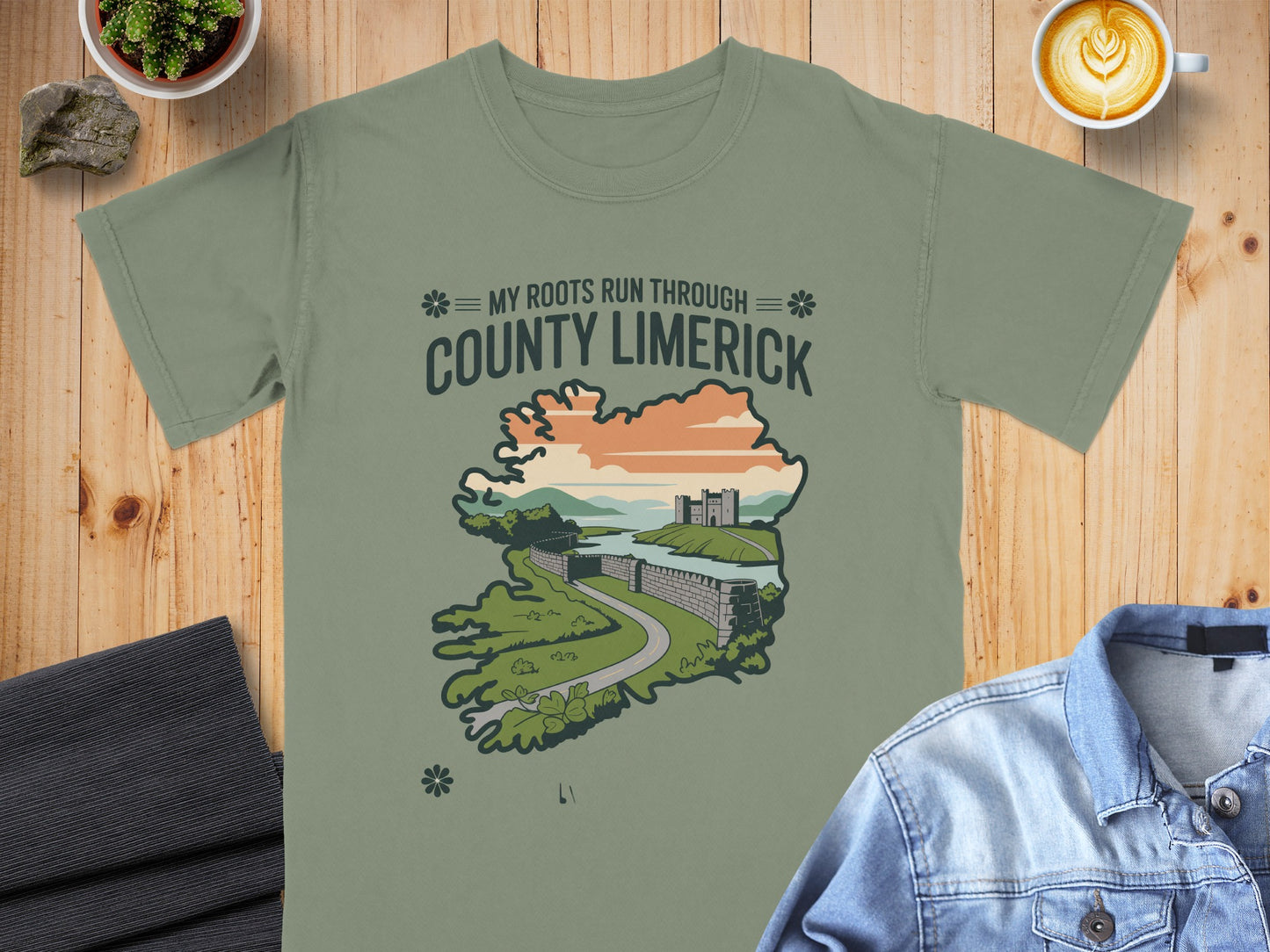 Green t-shirt with "My Roots Run Through County Limerick" and illustrated castle scene.