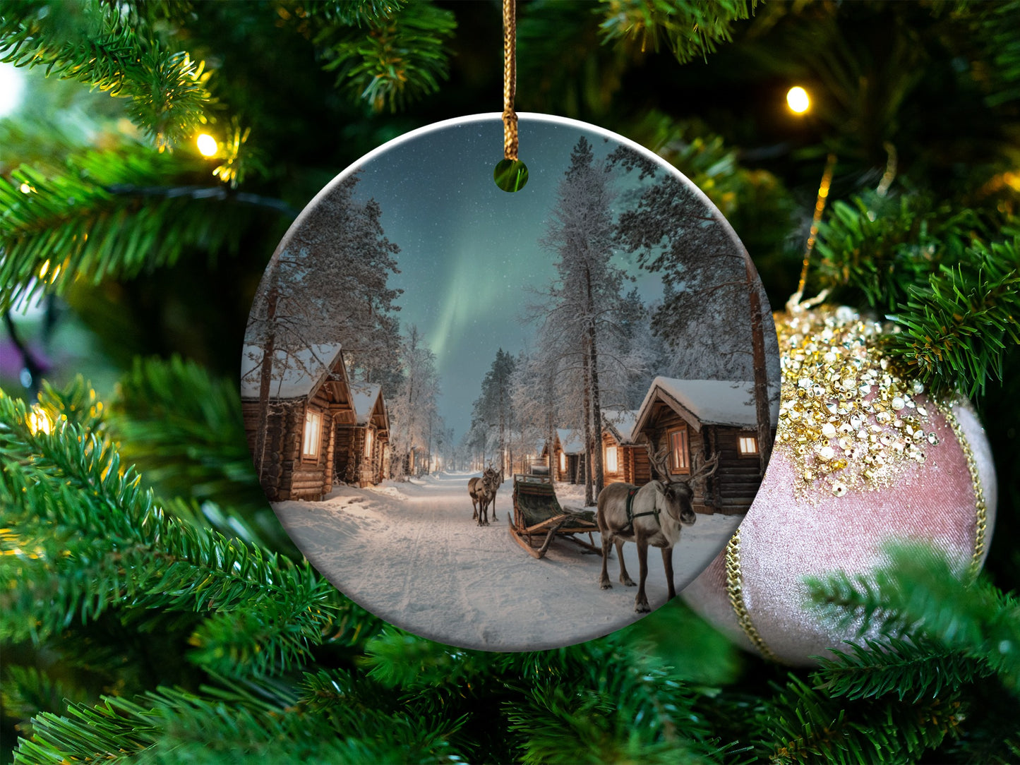 Tranquil Winter Village Scene with Horses Ornament