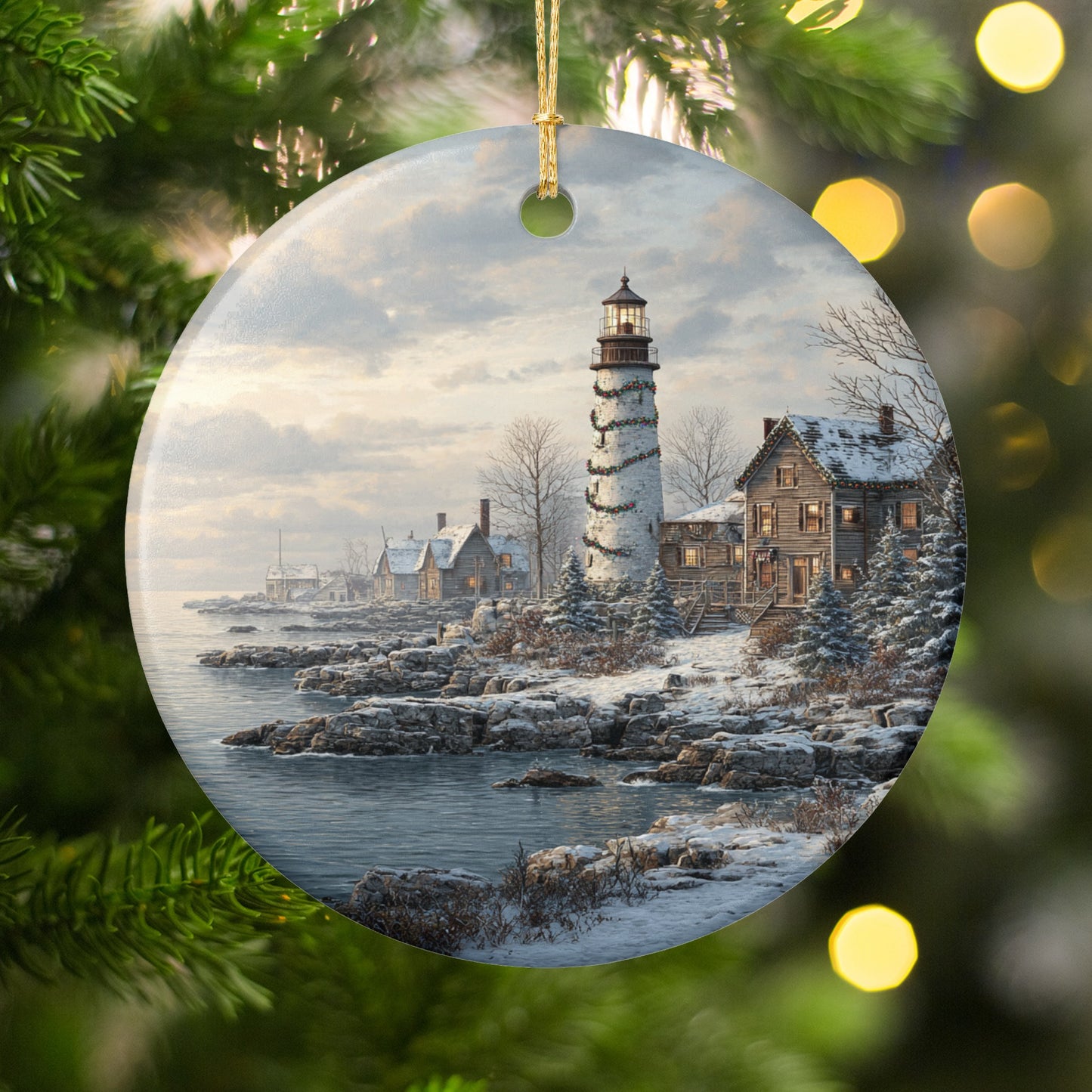 Winter Lighthouse Coastal Scene Hanging Ornament
