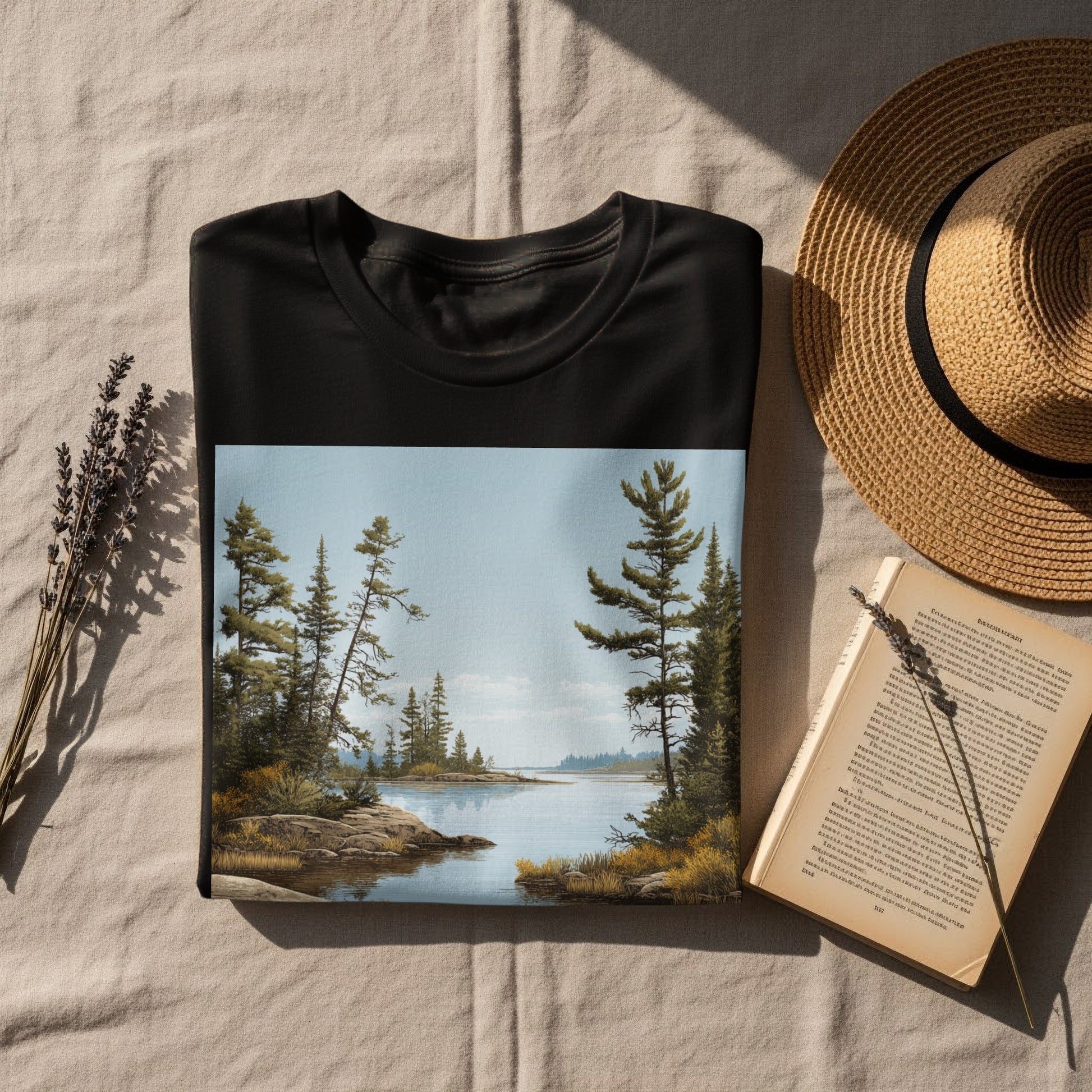 Serene Lakeside Pine Forest Scene T-Shirt
