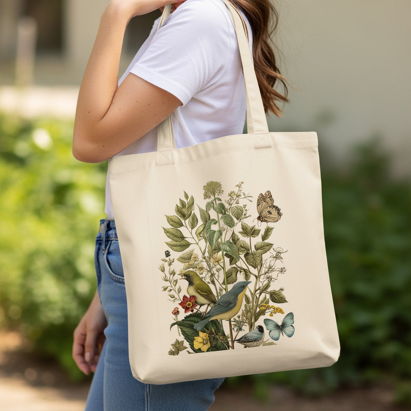 Botanical Birds and Butterflies Design Tote Bag