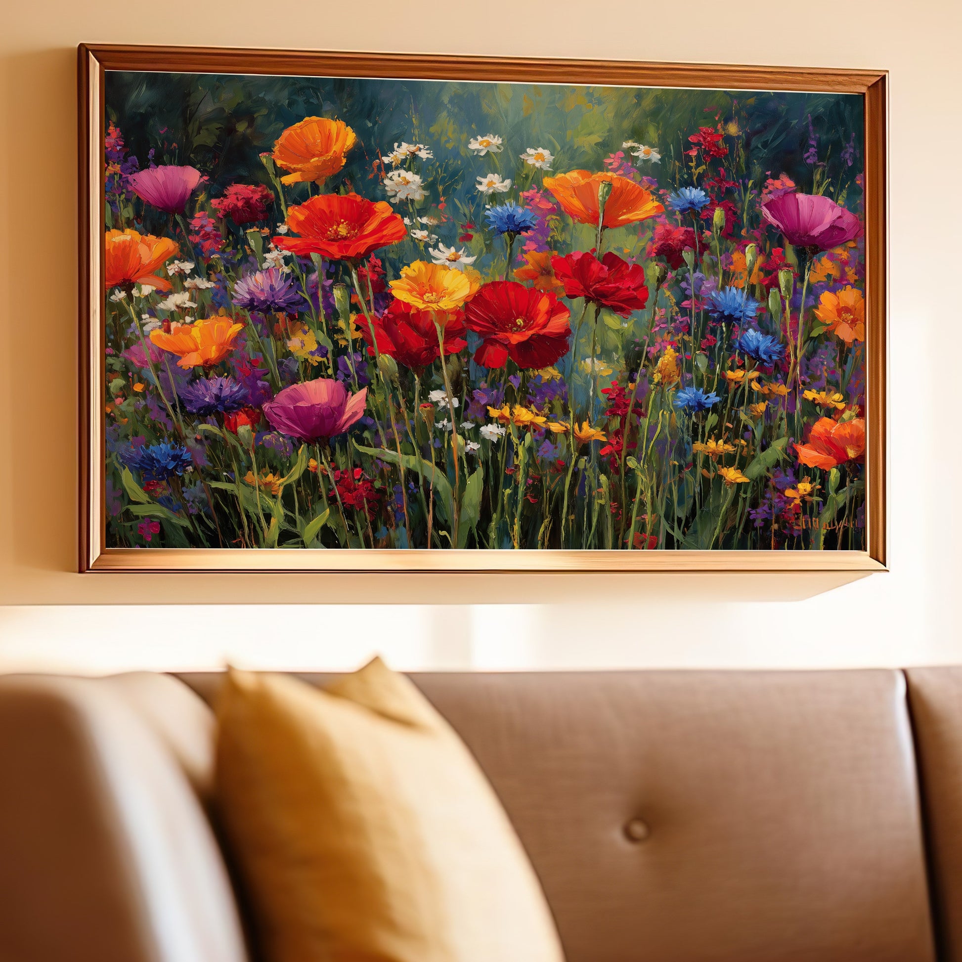 Vibrant oil painting of a wildflower meadow with poppies, cornflowers, and daisies.