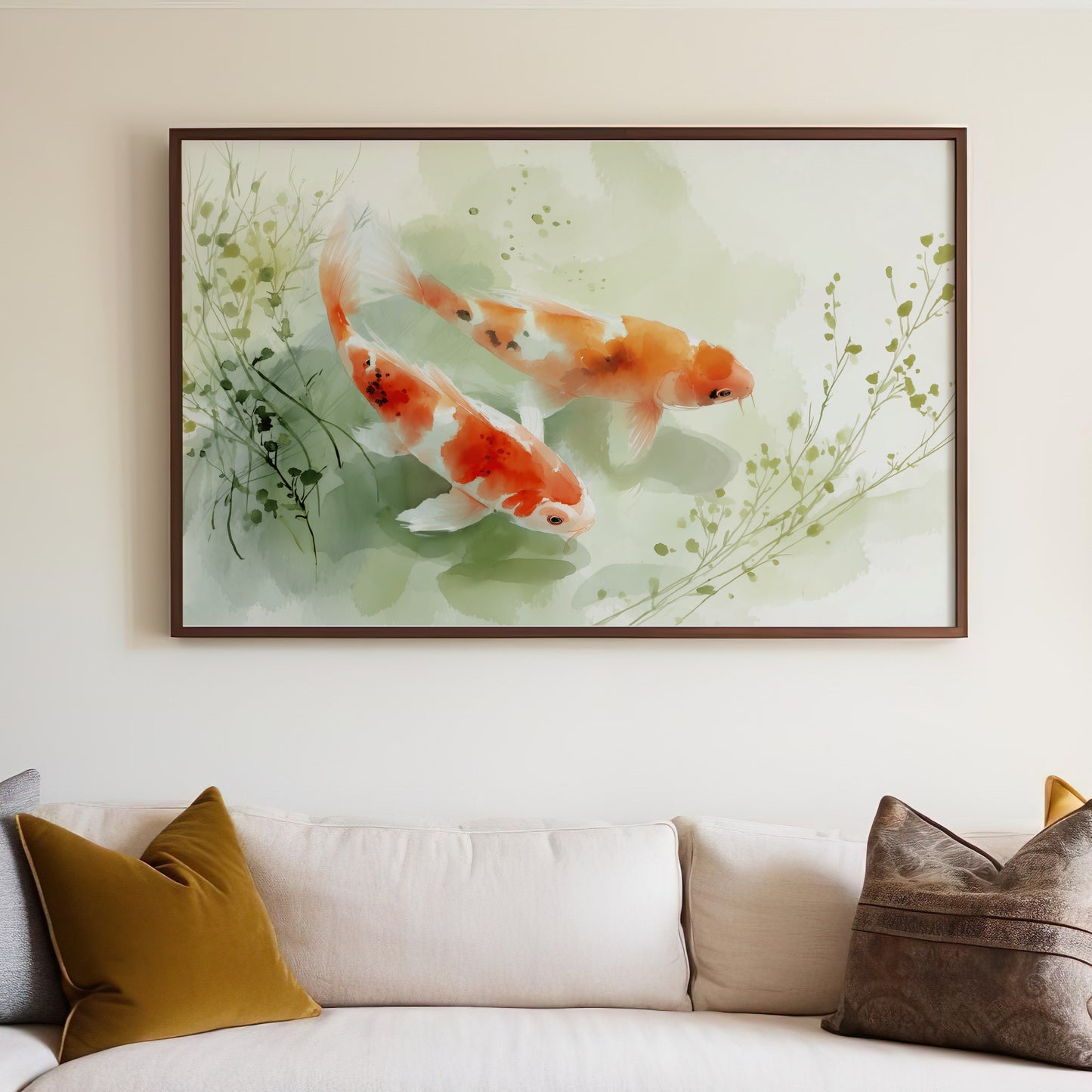 Watercolor Two Koi Fish Painting Green Serene Scene product type