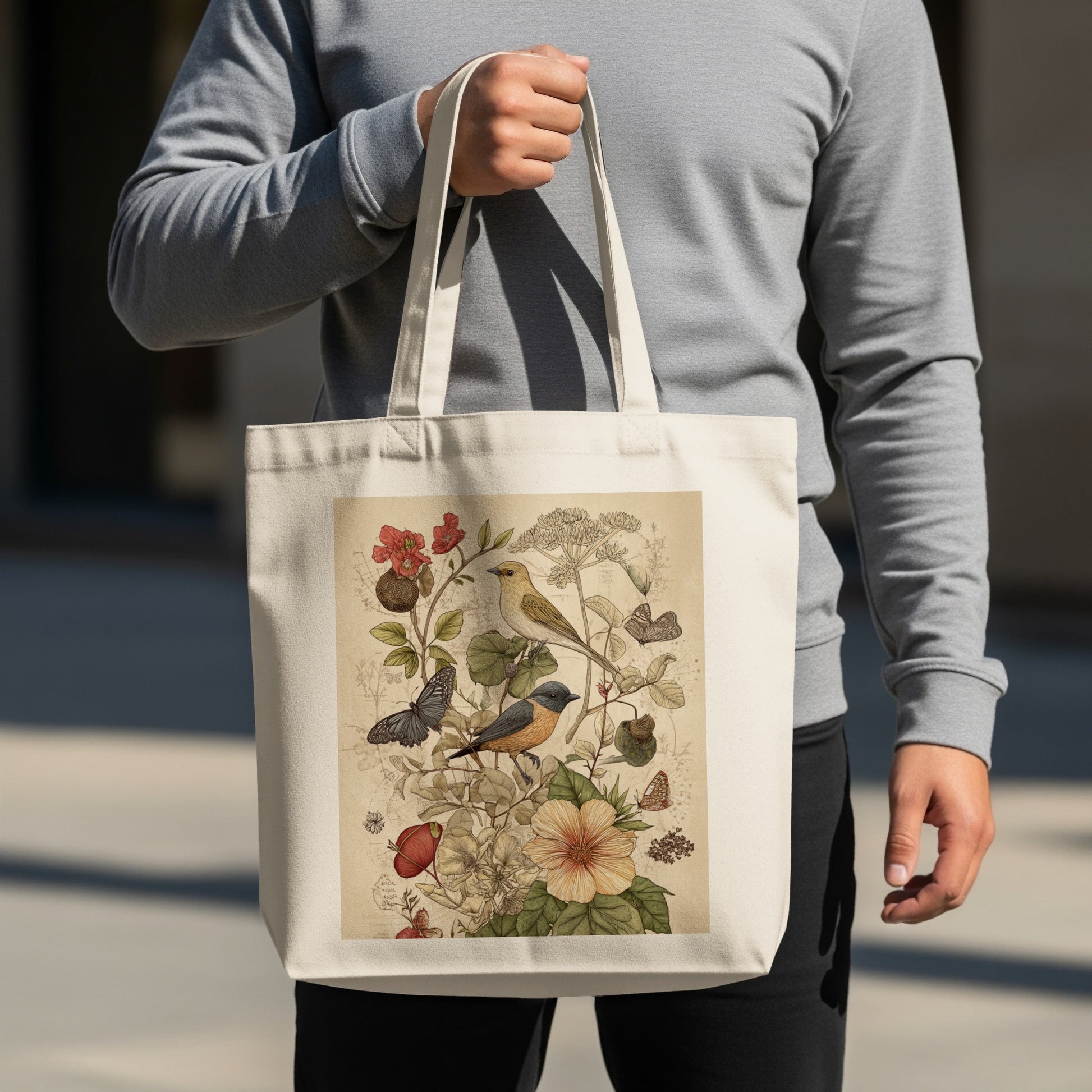 Elegant Tote Bag with Nature Bird and Flower Print