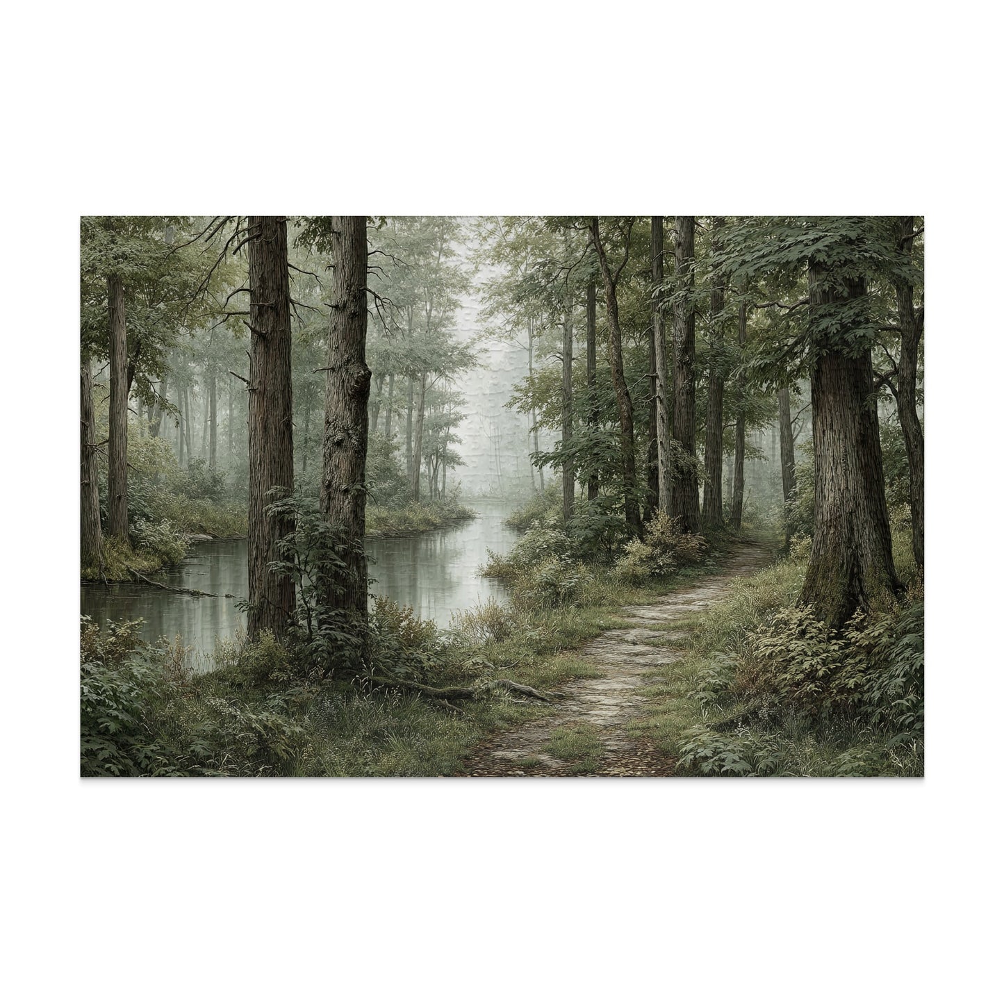 Misty Forest Pathway with Tranquil River artwork