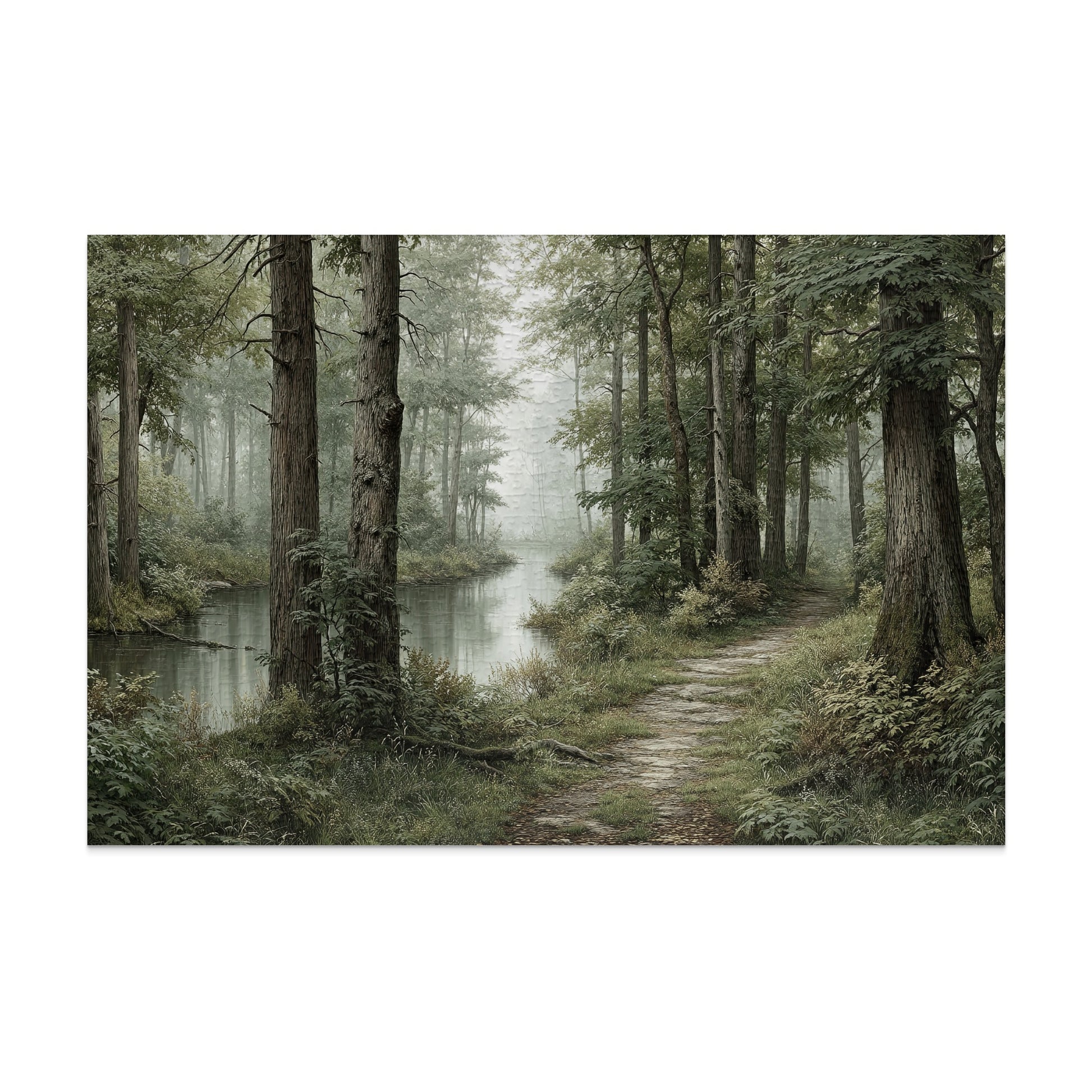 Misty Forest Pathway with Tranquil River artwork