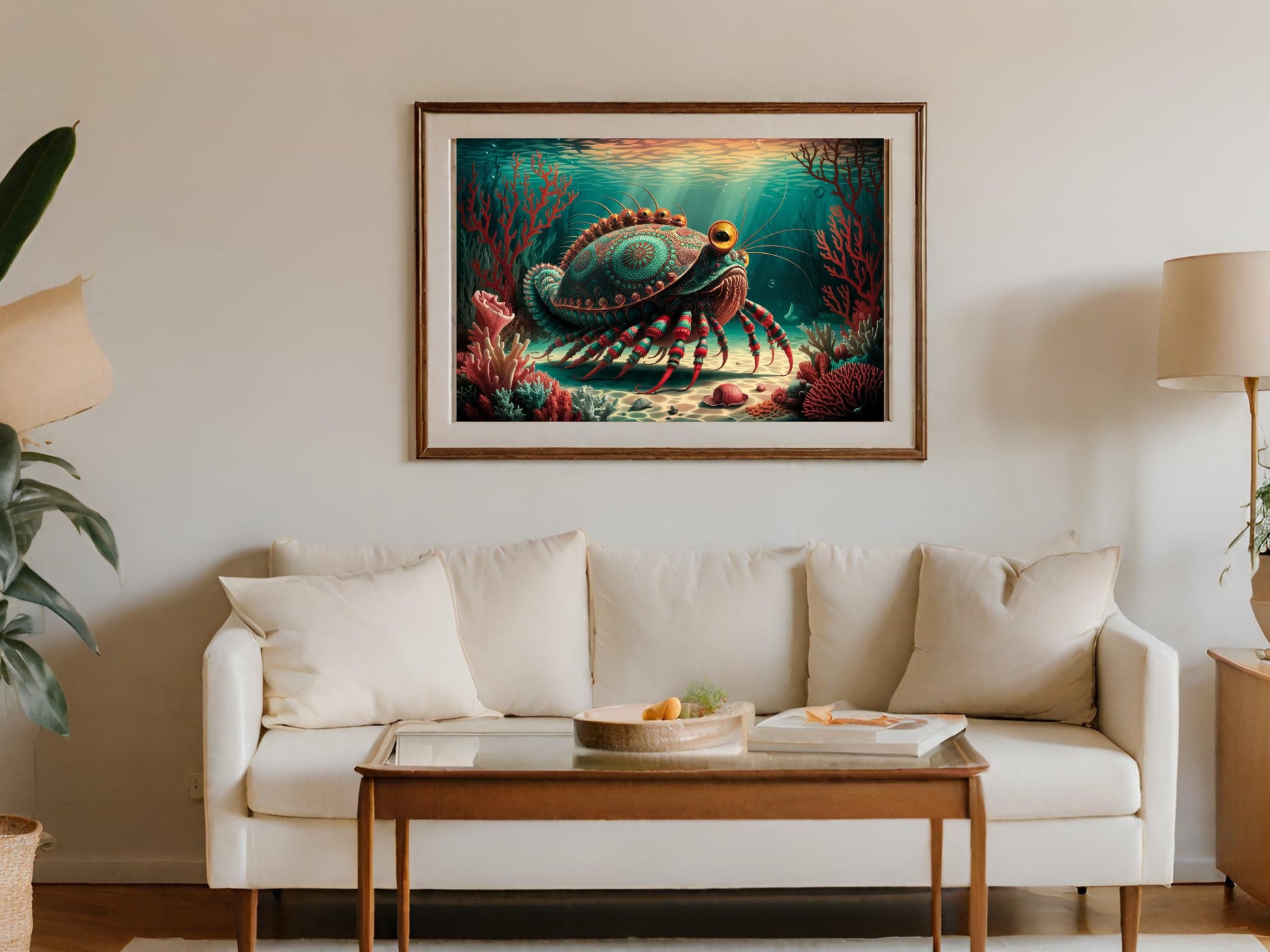Ornate crab artwork with intricate patterns and striped legs in a coral reef setting.