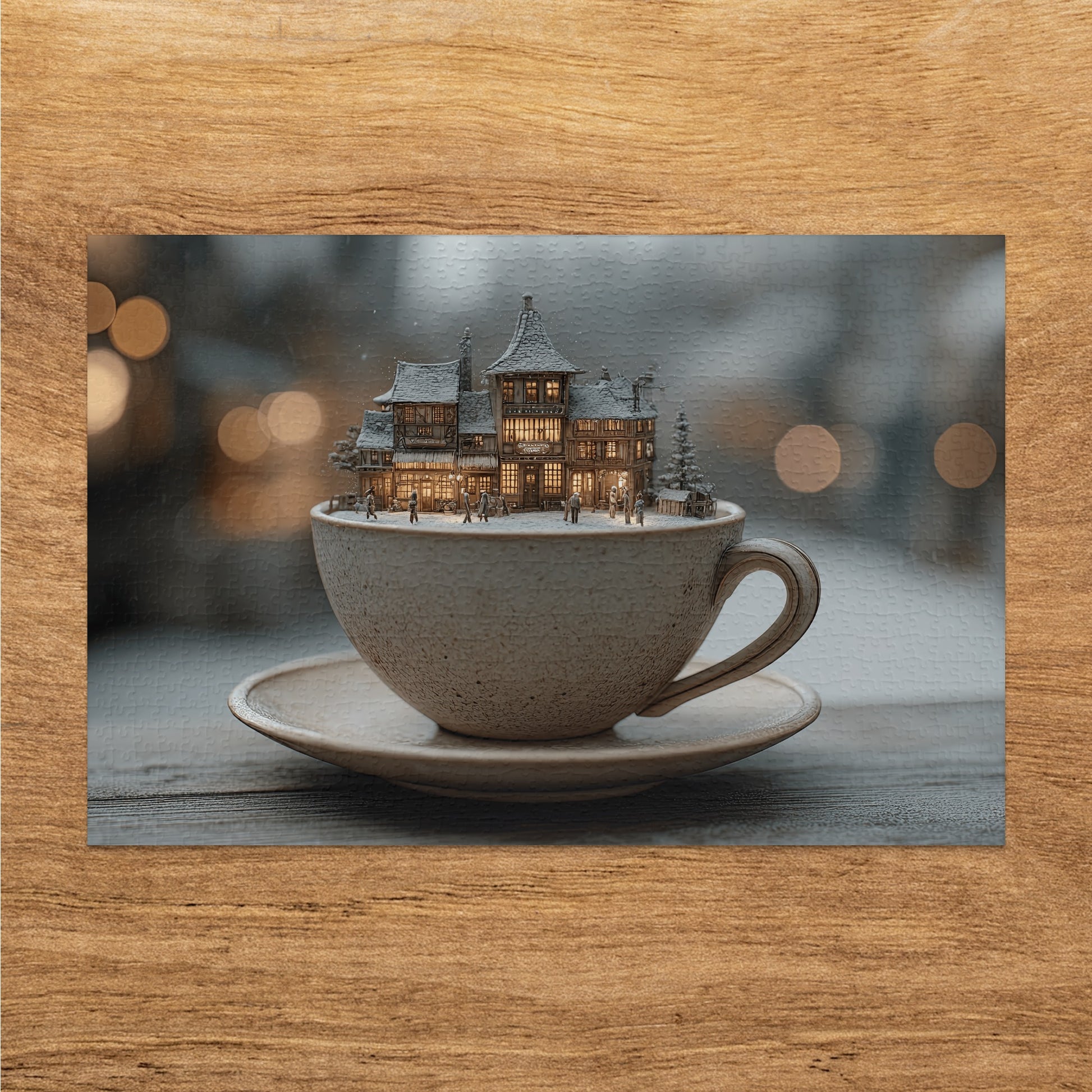 Miniature village inside a ceramic teacup on a wooden surface.
