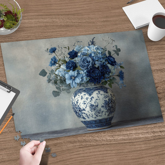 Elegant Blue Floral Bouquet in Decorative Vase Puzzle