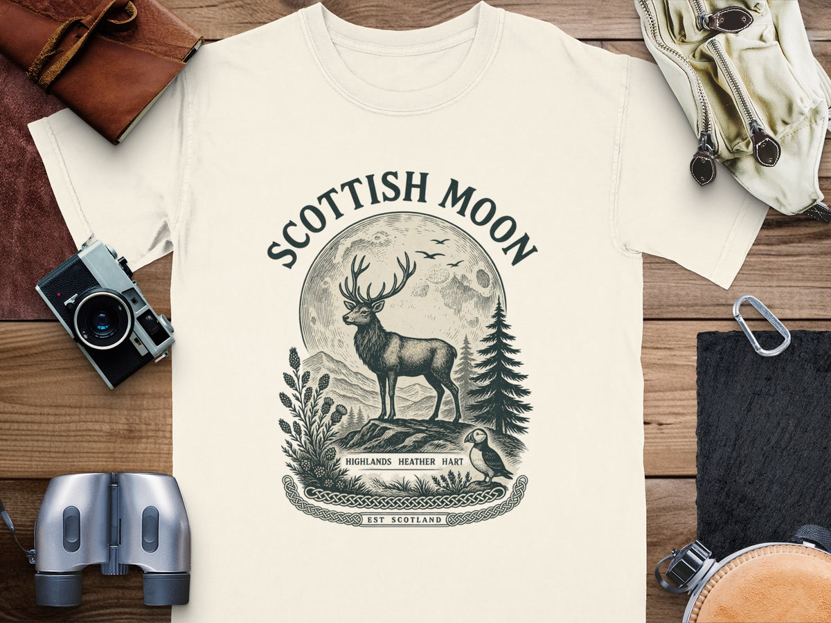 Cream t-shirt with a vintage illustration of a stag, moon, and Scottish elements.