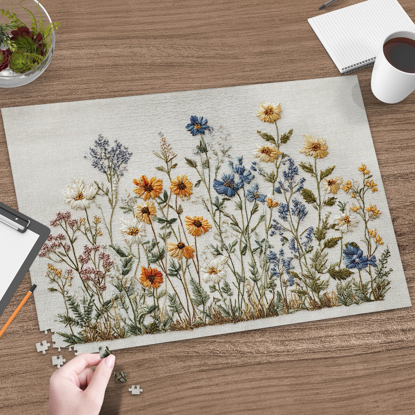 Close-up of a floral embroidered jigsaw puzzle on a wooden desk with a cup of coffee.