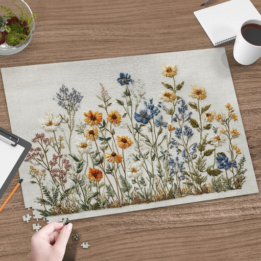 Close-up of a floral embroidered jigsaw puzzle on a wooden desk with a cup of coffee.