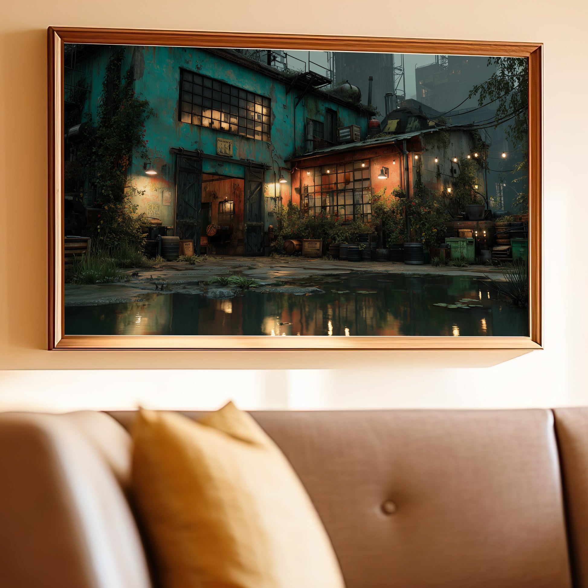 Framed artwork depicts a rustic, dimly lit building with plants and reflections.