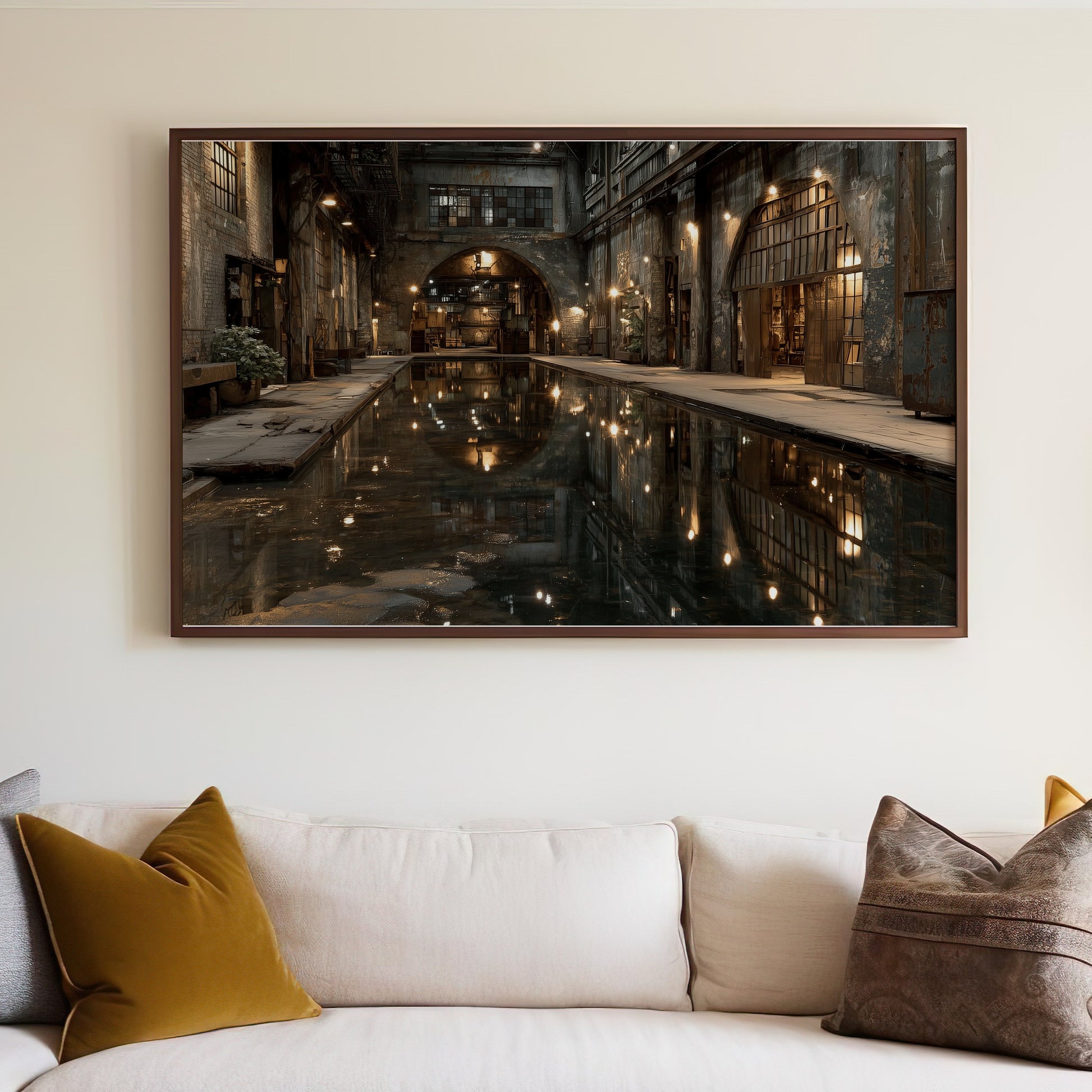 Interior of a building with a pool of water reflecting lights.
