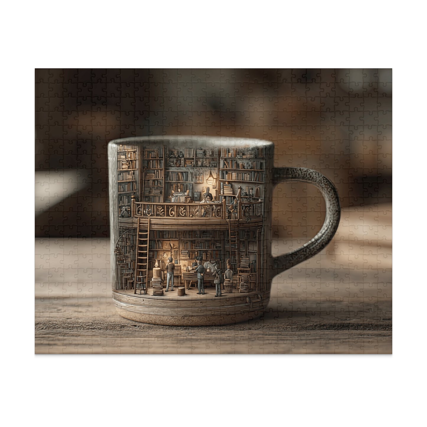 Mug with a miniature library inside, detailed shelves, ladders, and tiny people.