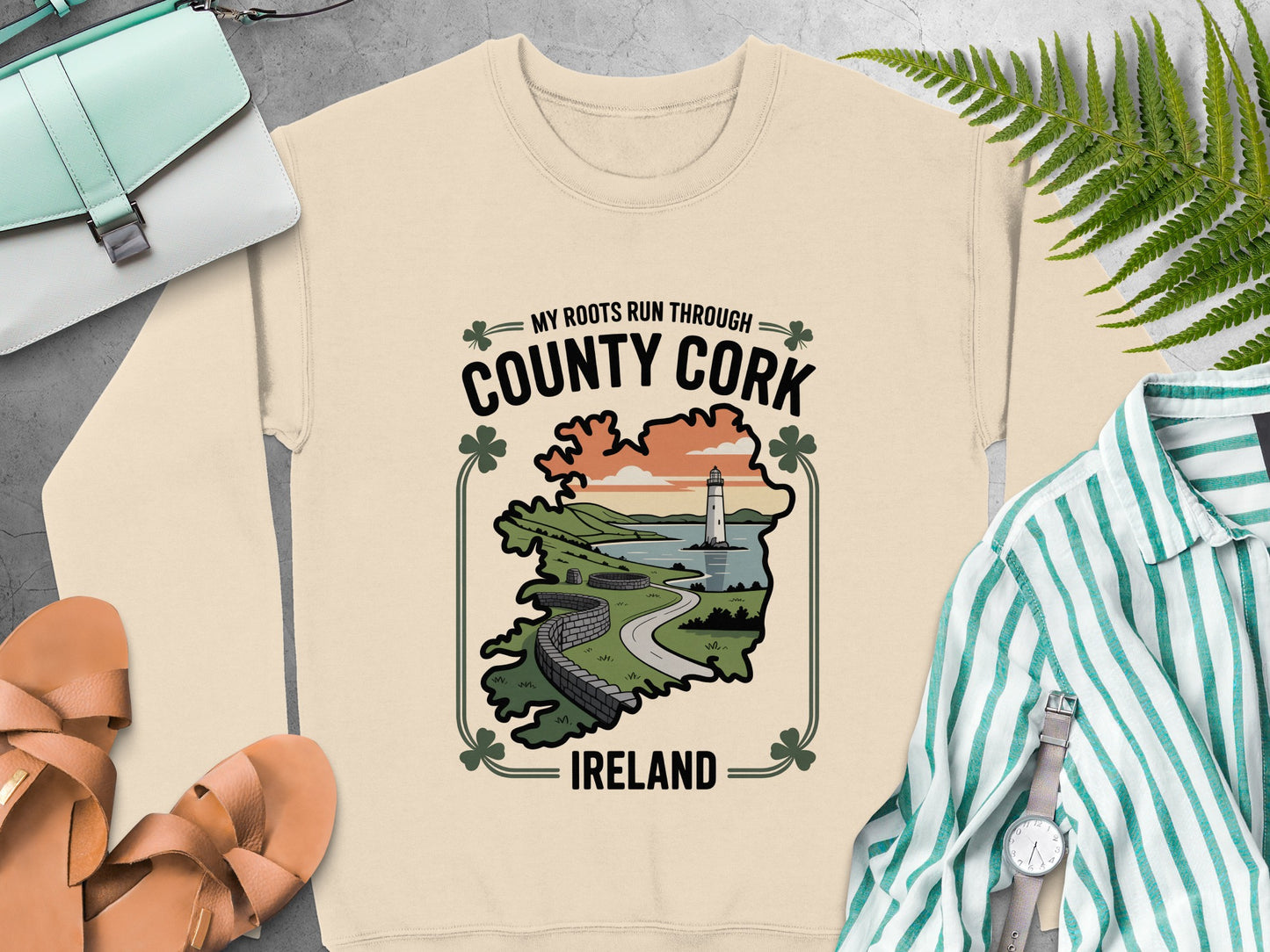 "My Roots Run Through County Cork Ireland" and Irish landscape graphic on Sand sweatshirt