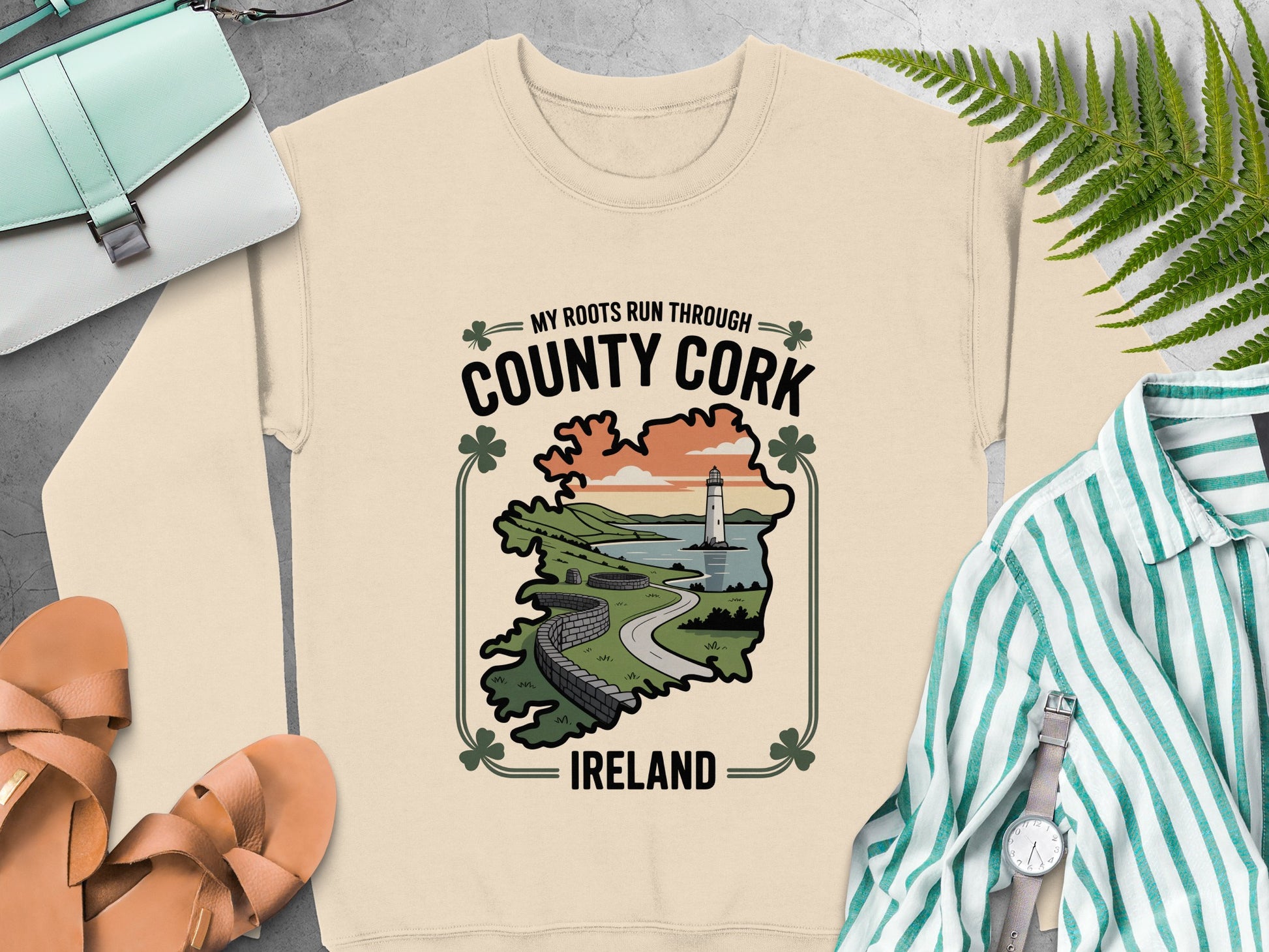 "My Roots Run Through County Cork Ireland" and Irish landscape graphic on Sand sweatshirt