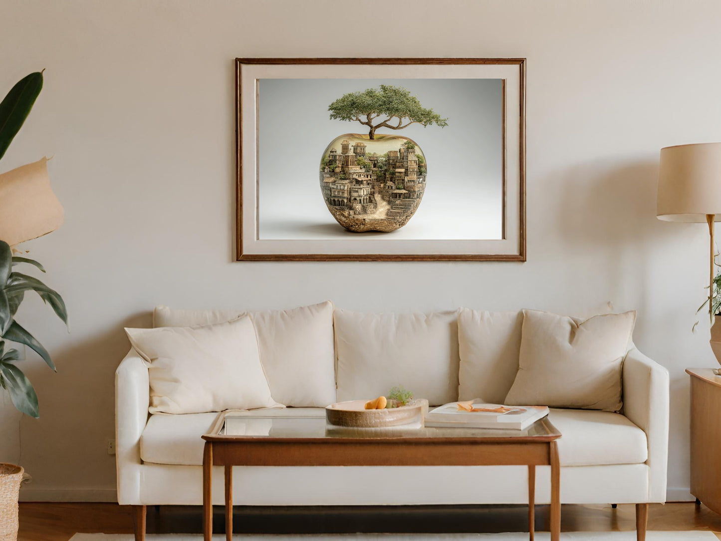 Framed artwork showing a city built inside a gilded apple with a tree.