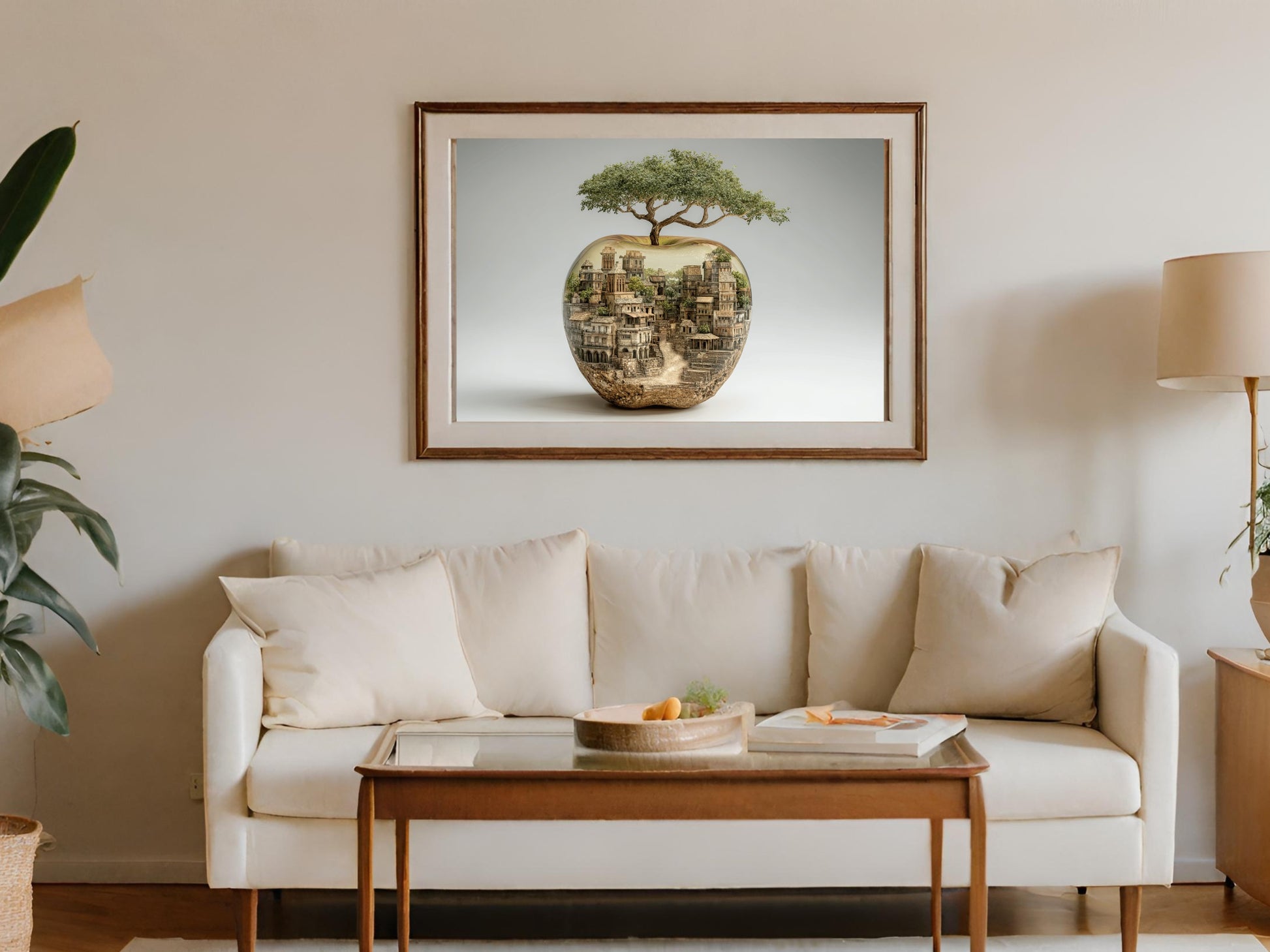 Framed artwork showing a city built inside a gilded apple with a tree.