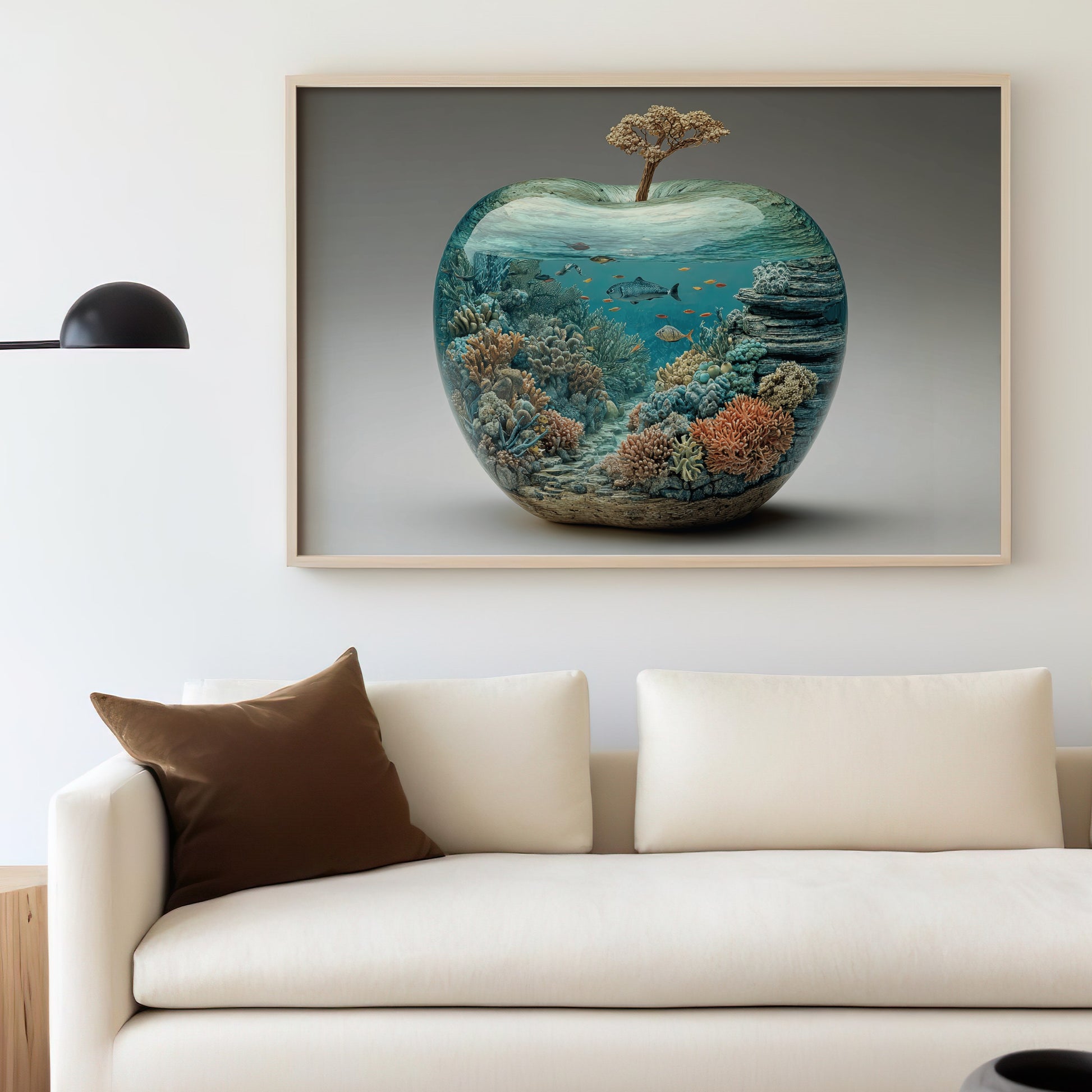 Apple-shaped aquarium with coral, fish, and tree in modern living room.