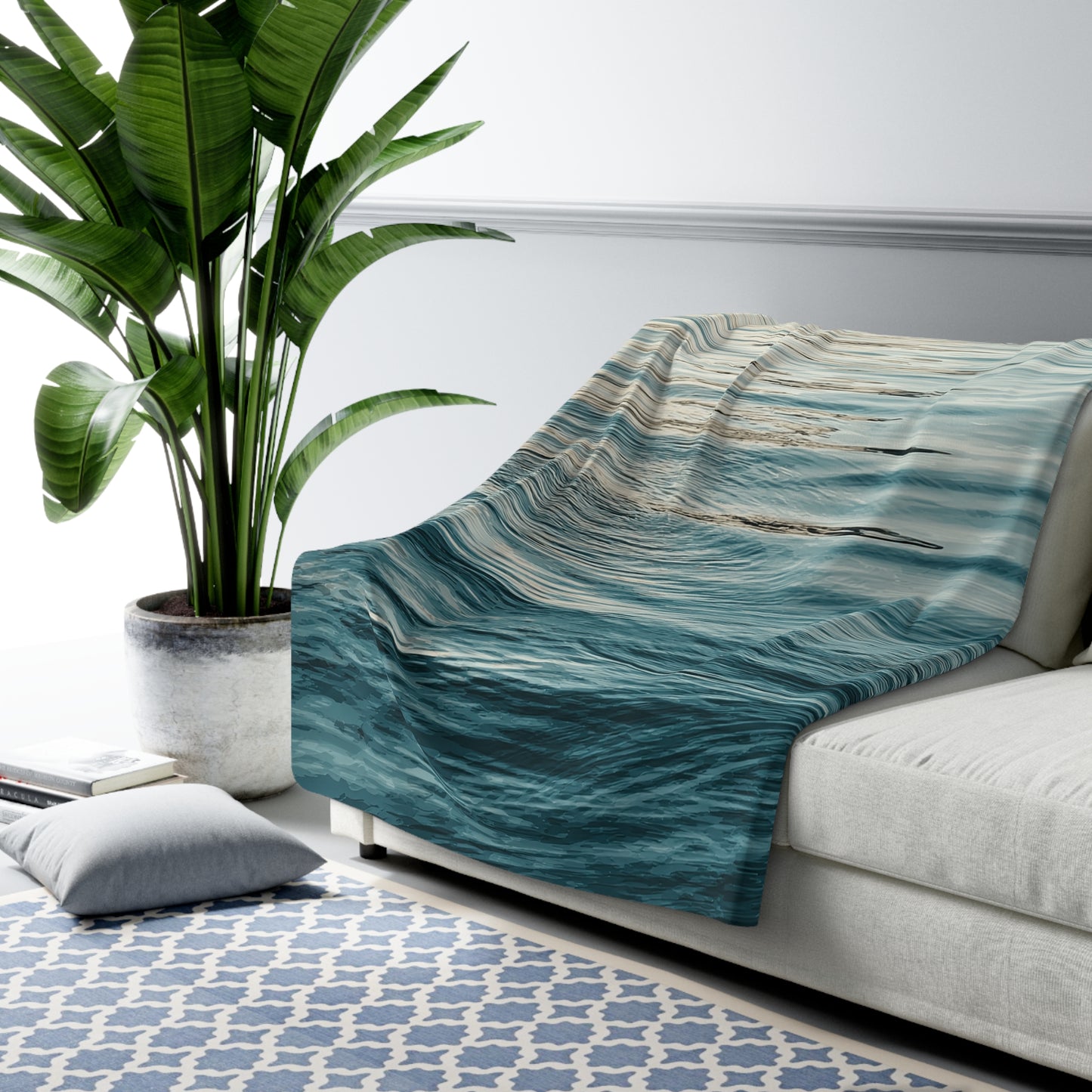 Ocean Waves sherpa blanket — cozy seaside fleece throw, beach lover gift, nautical home decor