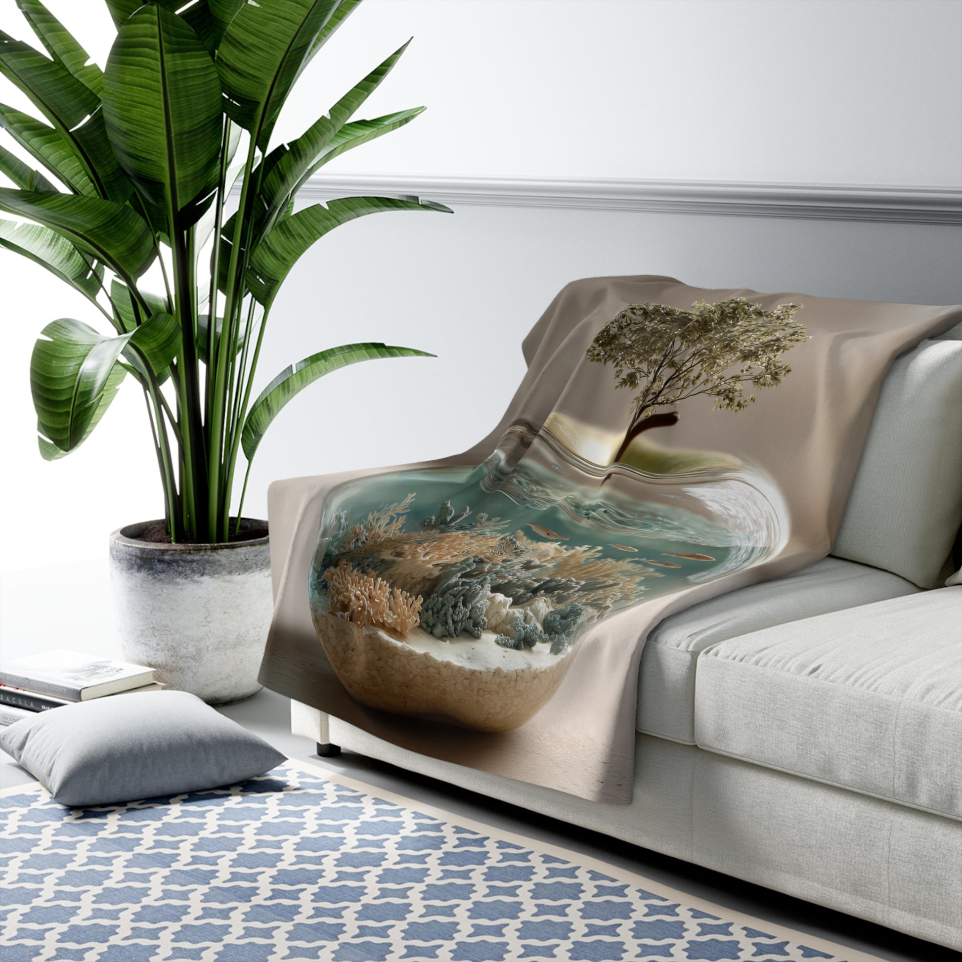 Terrarium Apple Ocean sherpa fleece blanket — nature-inspired cozy throw, unique gift, boho home decor