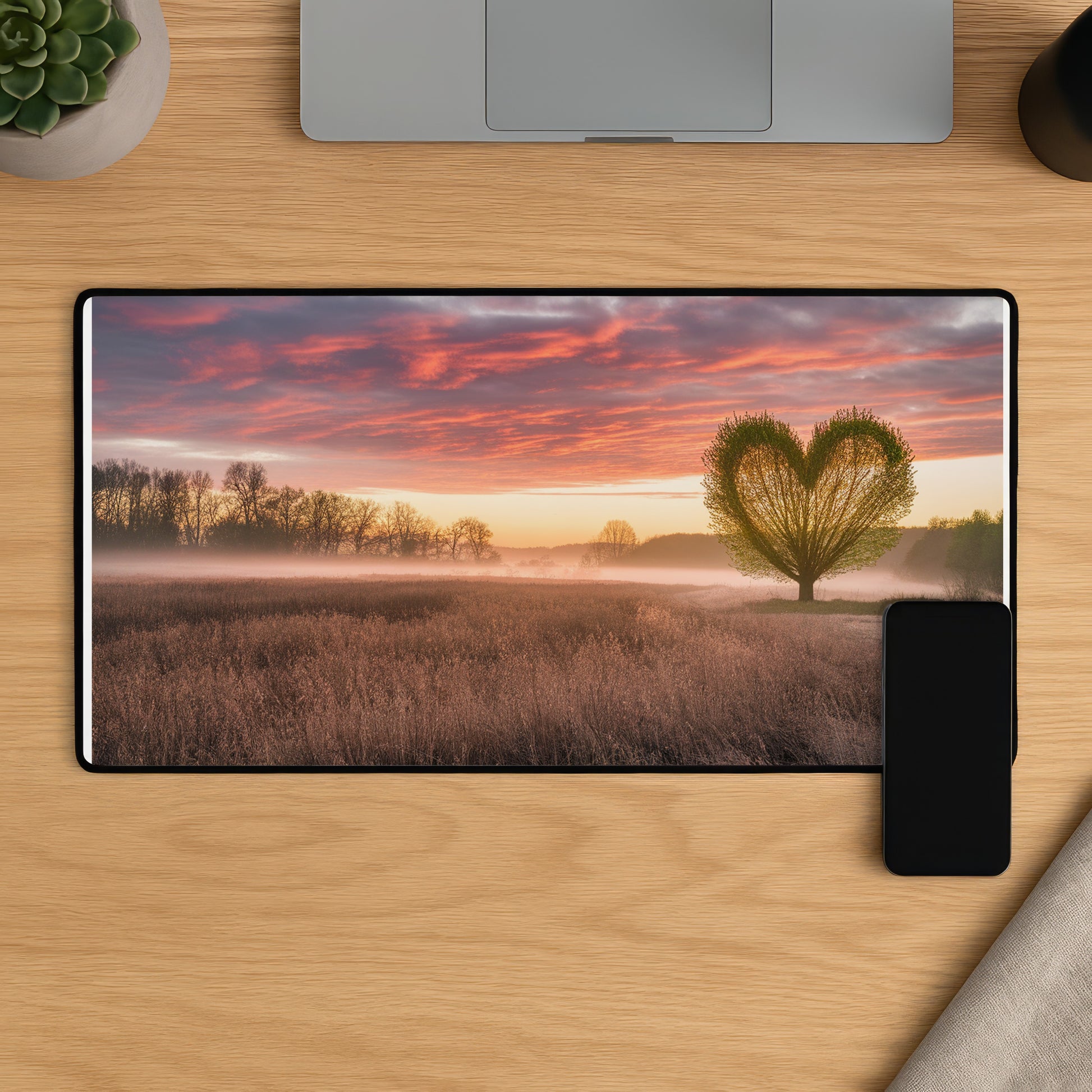 Sunrise over a misty field with a heart-shaped tree and silhouetted forest.