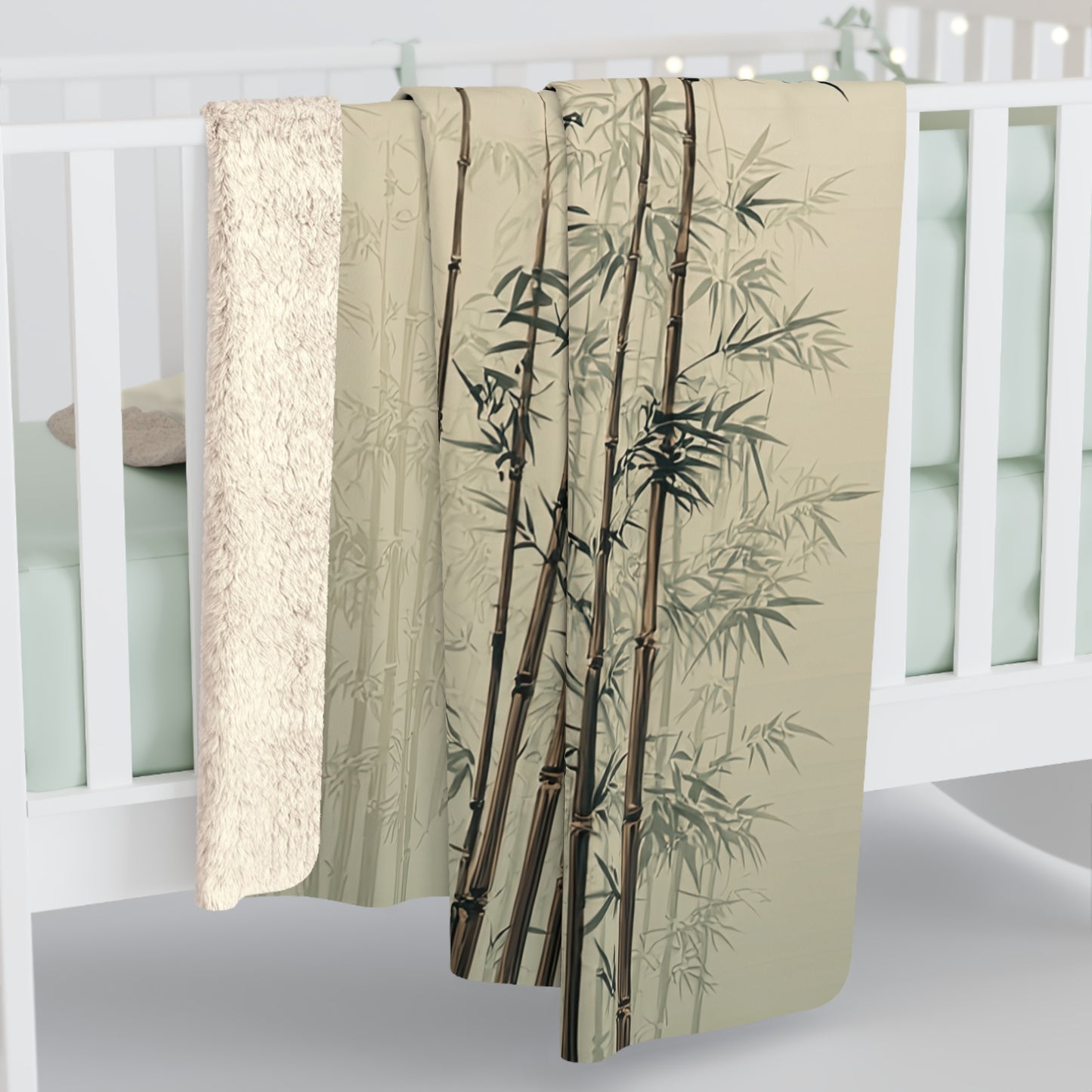 Bamboo Grove sherpa fleece blanket — cozy neutral Asian-inspired throw, boho home decor, housewarming gift