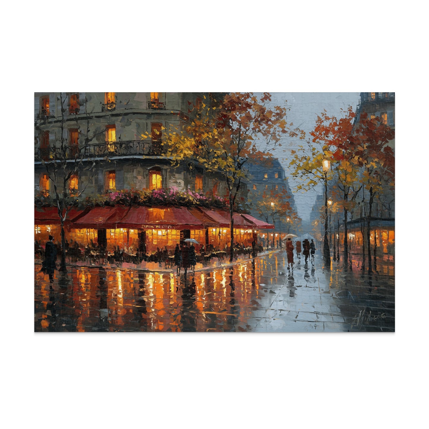 Parisian Rainy Evening Cafe Street Scene product type
Parisian art, Cafe painting, Rainy city, Street scene, Autumn leaves, Oil painting, Impressionism, Palette knife, Cityscape art, European street, Wet pavement, Light reflections, Night scene, Urban art, Restaurant scene, Fall colors, Moody artwork, Vibrant lights, Romantic art, Wall decor
