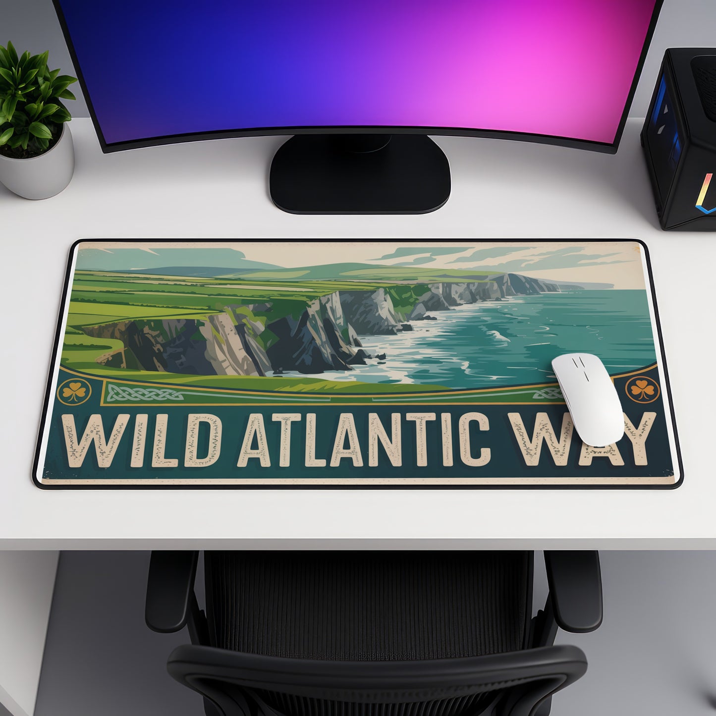 Desk mat with "WILD ATLANTIC WAY" text and scenic coastal landscape.