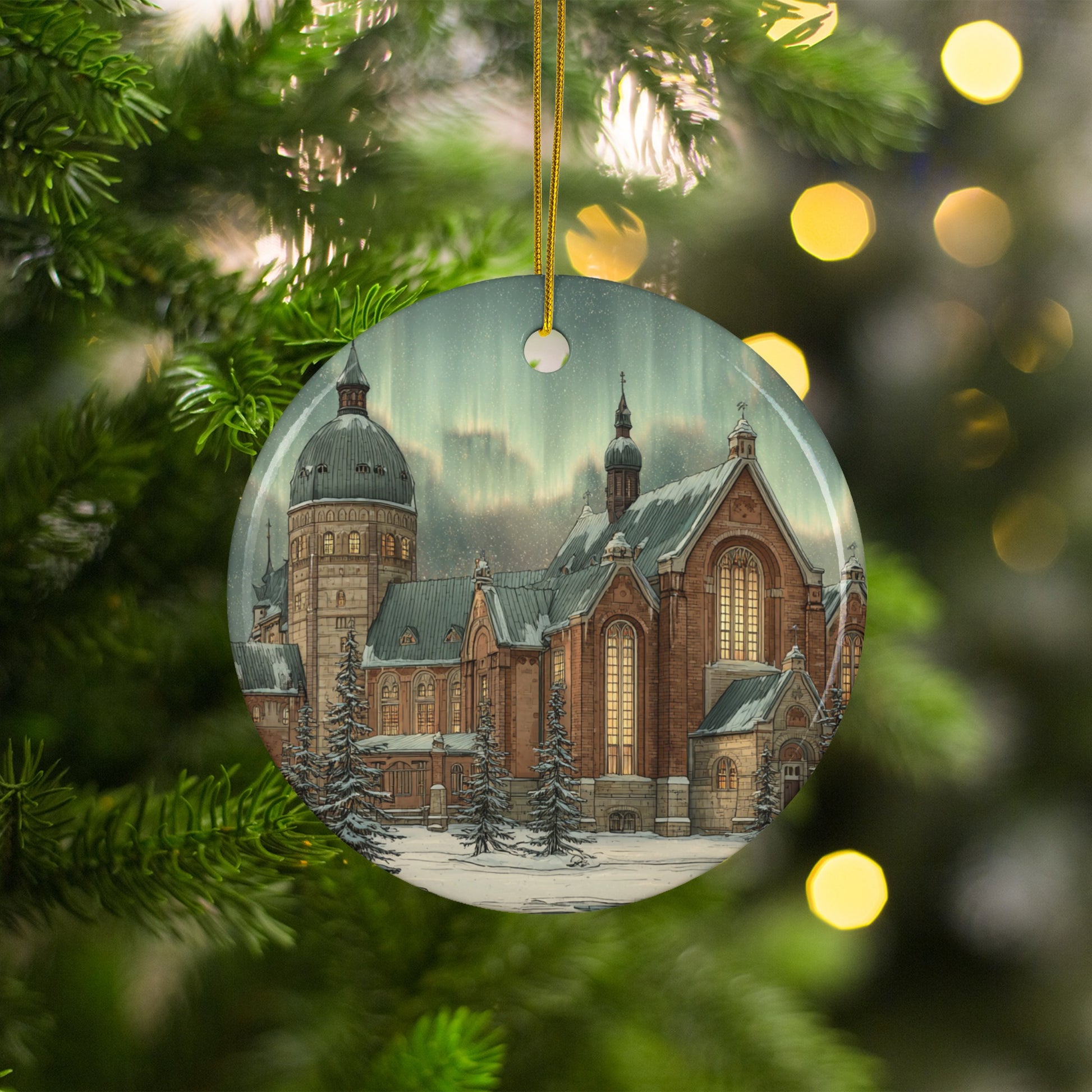 Festive Winter Scene Round Christmas Tree Ornament