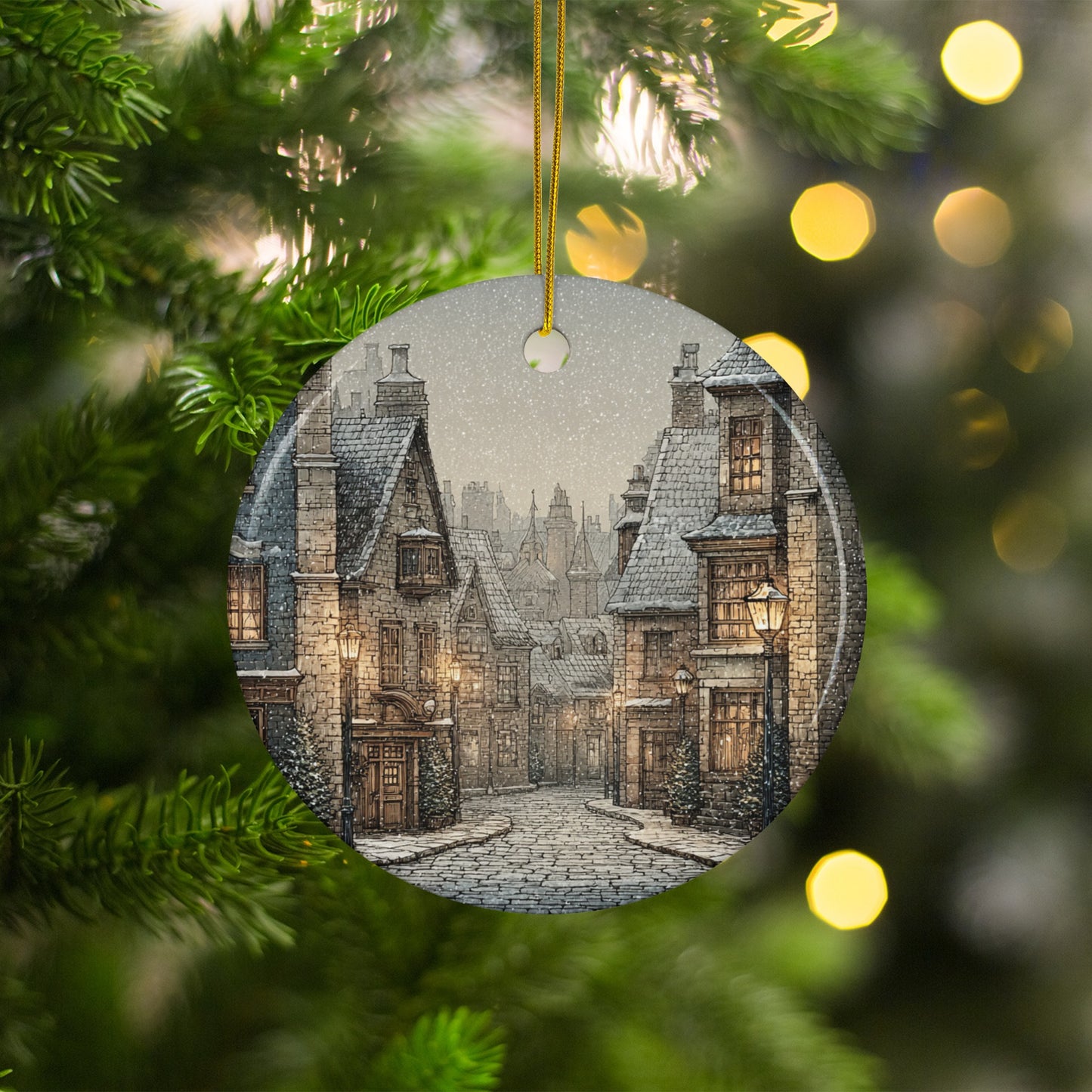 Scenic Vintage Snowy Village Round Holiday Ornament