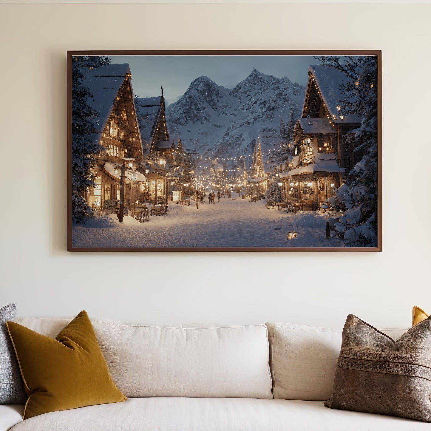 Enchanted snowy mountain village night lights product type
winter scene, snowy village, mountain landscape, night lights, cozy ambiance, Christmas decor, holiday season, fairytale setting, alpine village, glimmering lights, festive illumination, charming houses, snowfall scene, illuminated street, cold weather, serene landscape, rustic architecture, magical night, ski resort, snowy mountains