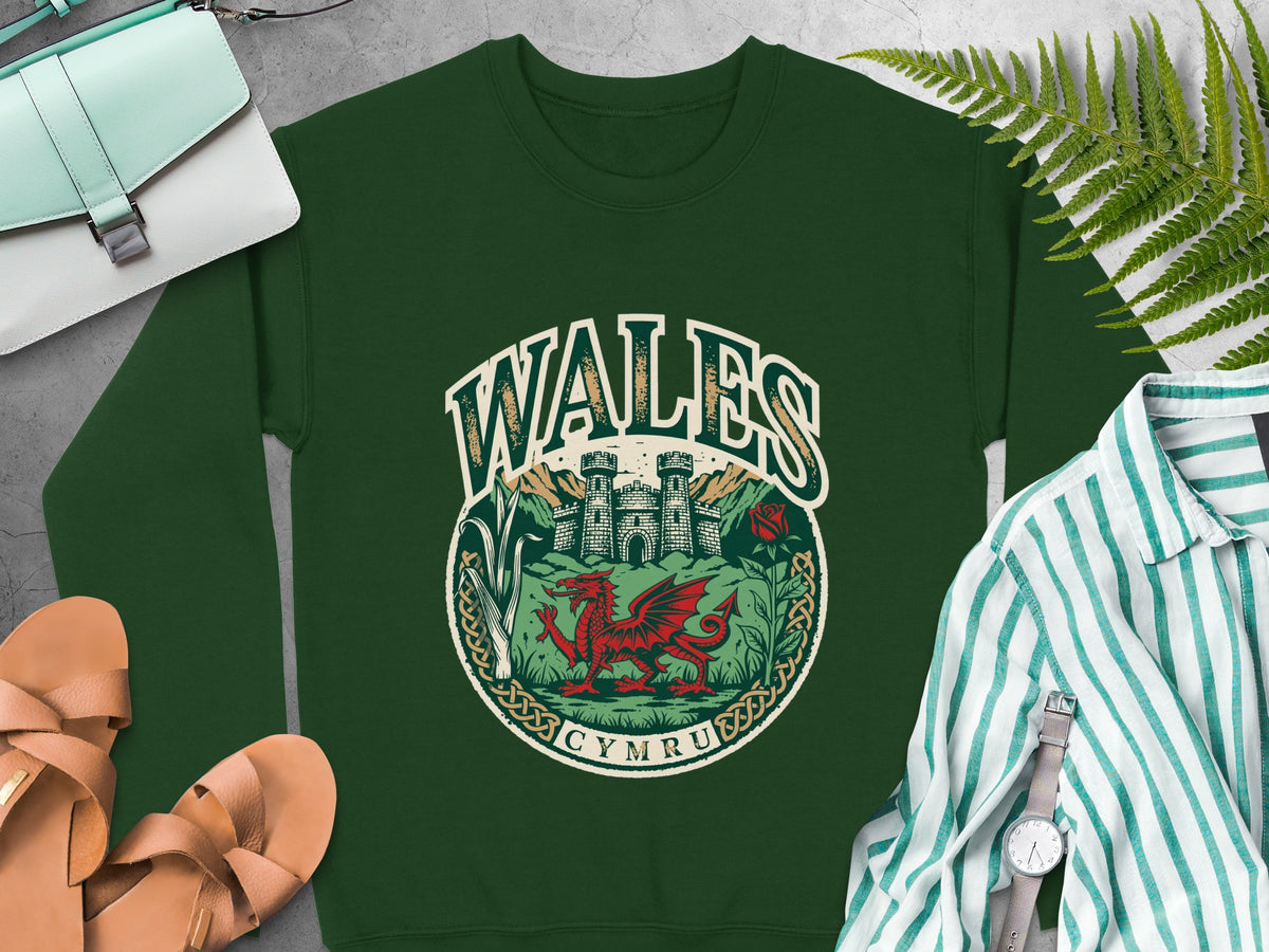 Dark green sweatshirt with a circular Welsh dragon and castle graphic that reads "WALES CYMRU".