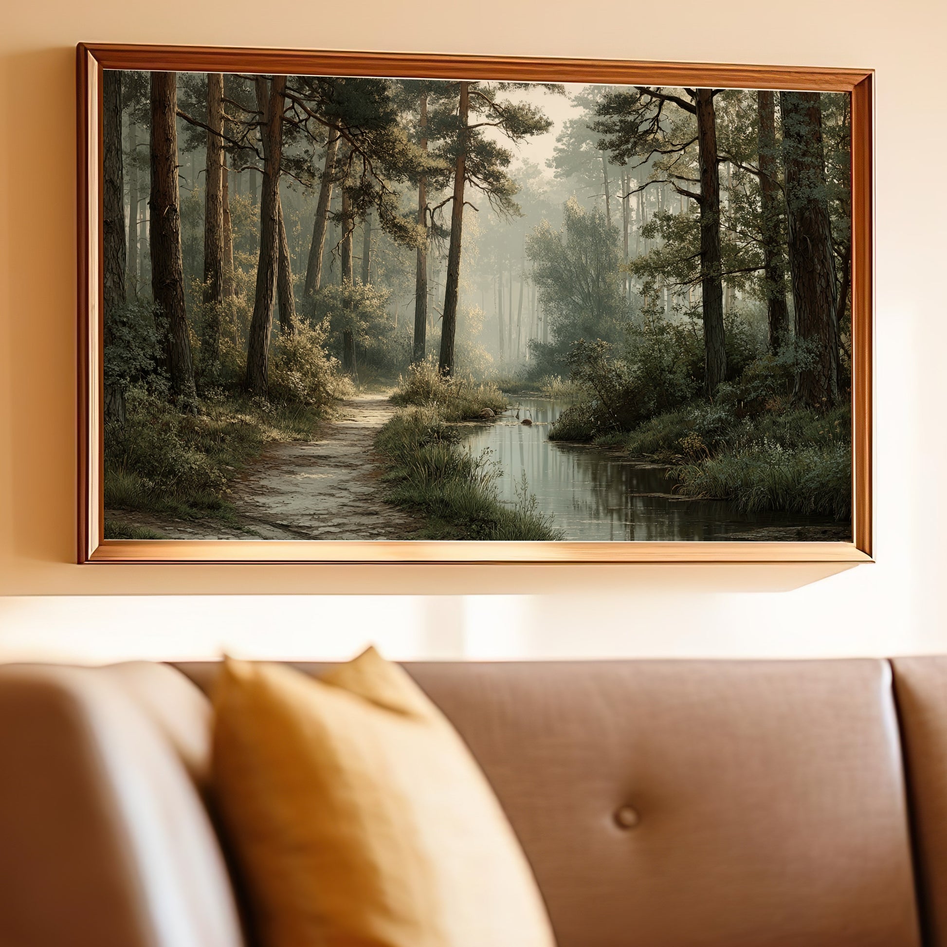 Serene Forest Path with Stream Wall Art Canvas