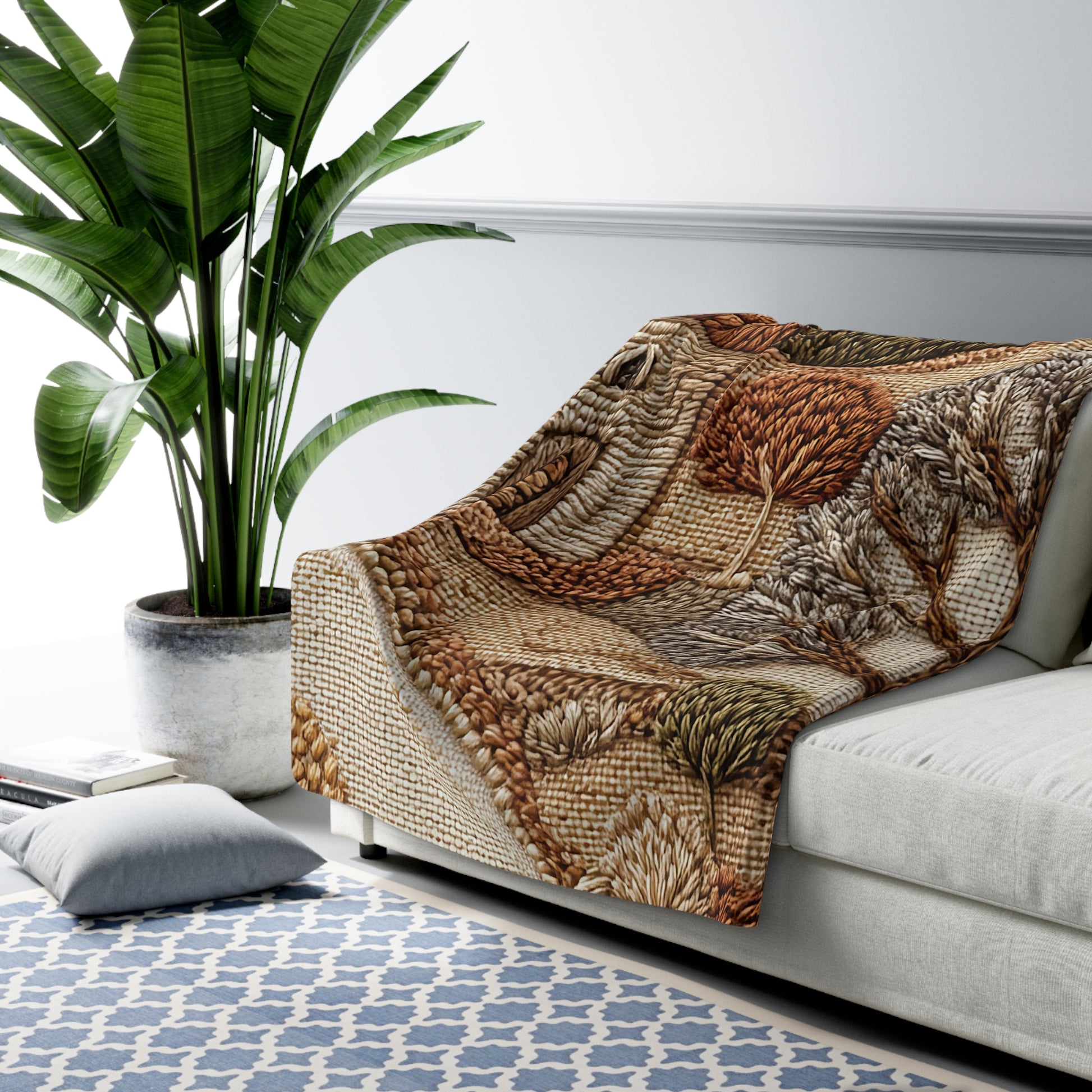 Embroidered Village cozy sherpa blanket — rustic cottagecore fleece throw, housewarming gift, living room decor