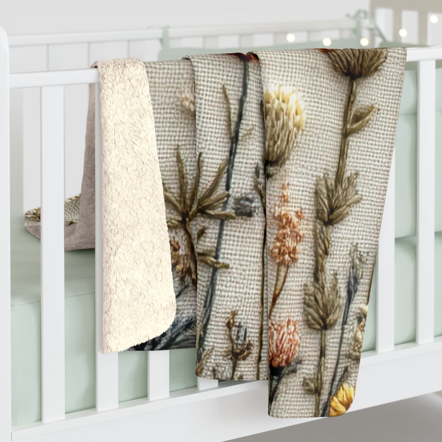 Botanical Embroidered Wildflower sherpa blanket — soft floral fleece throw, boho home decor, housewarming gift