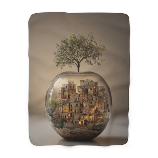 Cozy Village in a Jar sherpa fleece blanket — whimsical soft throw, housewarming gift, cozy home decor
