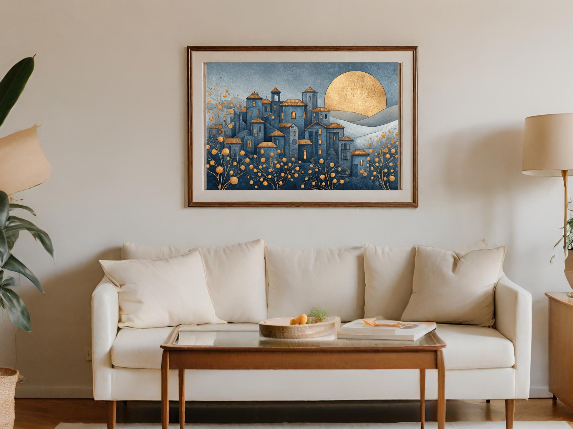 Golden Moon Over Blue City Wall Art Piece For Living Room