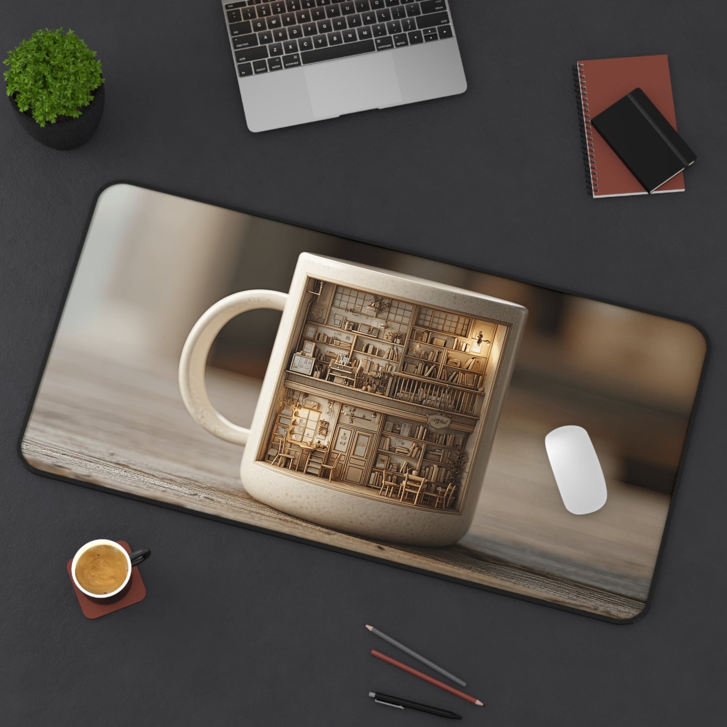 Cozy Miniature Library Desk Mat — Warm Bookshop Mug Design