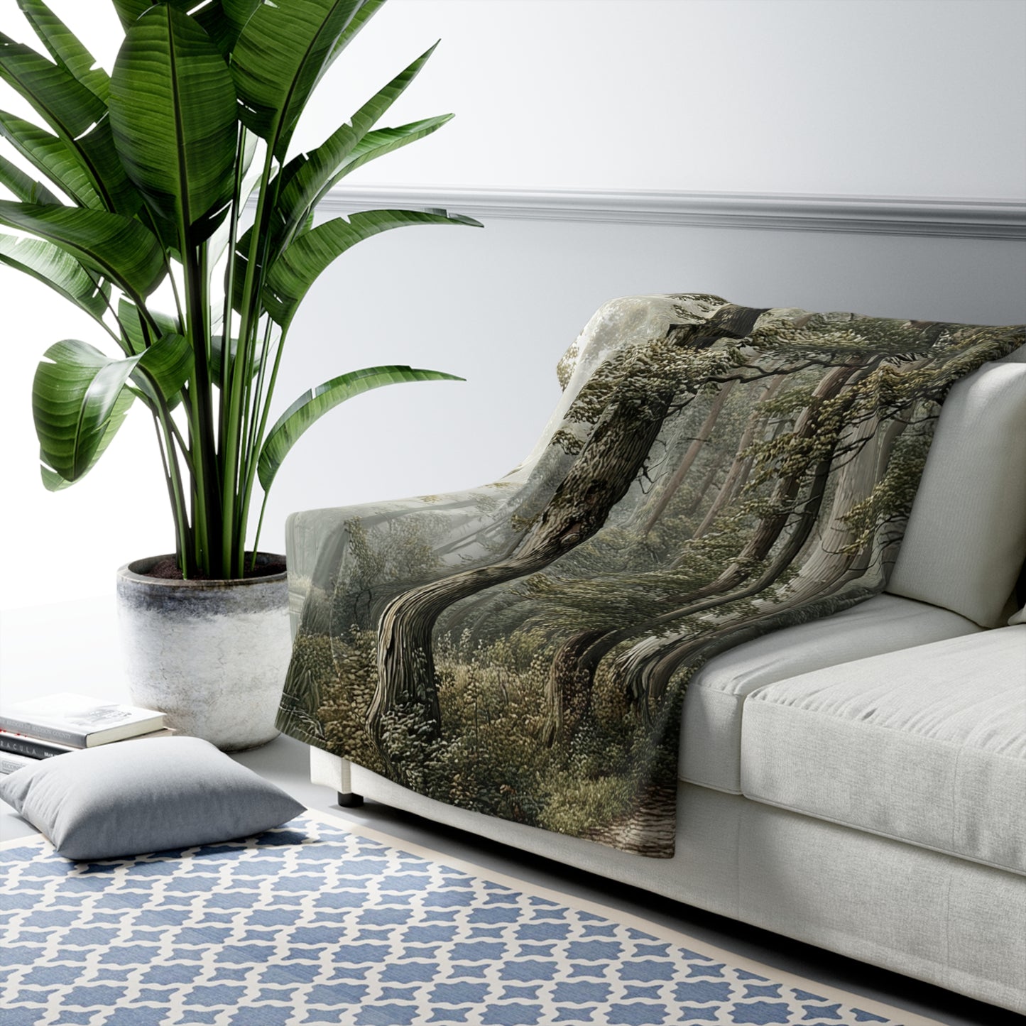Woodland Mist sherpa blanket — cozy forest fleece throw, nature lover gift, rustic home decor